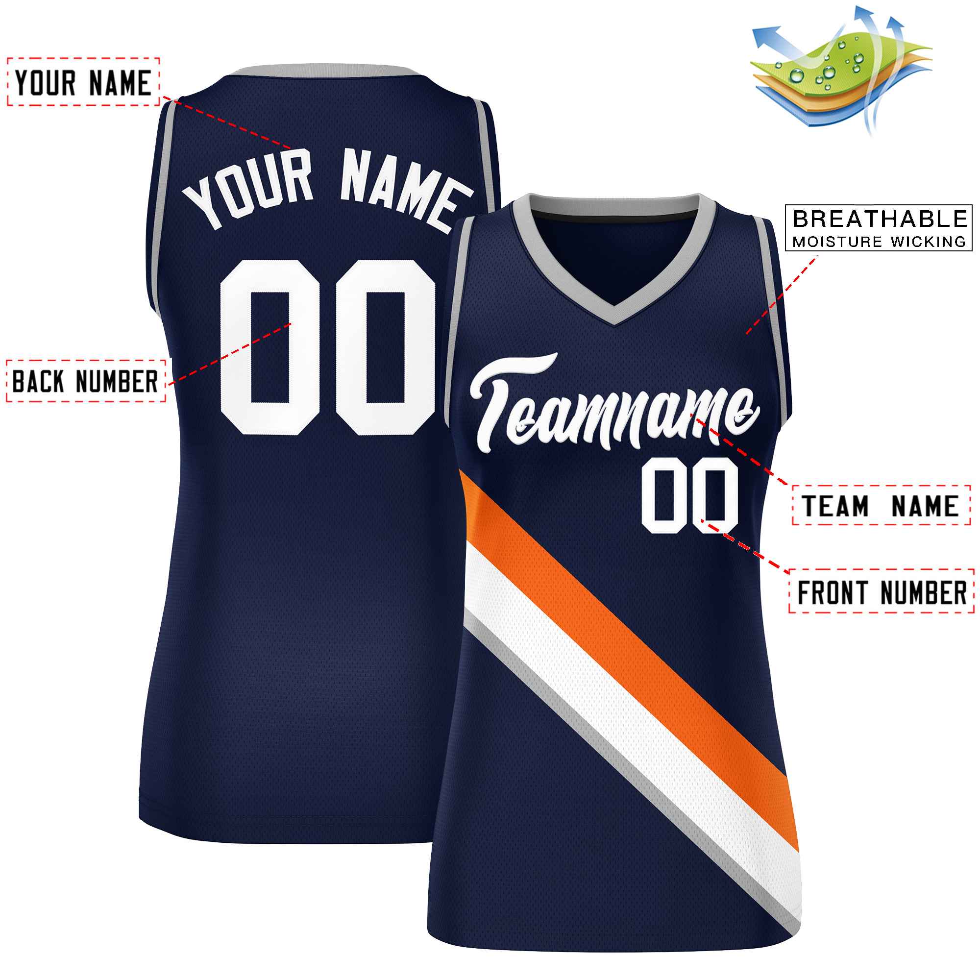 Custom Navy Gray-Navy Thick Slash Fashion Tops Mesh Basketball Jersey For Women