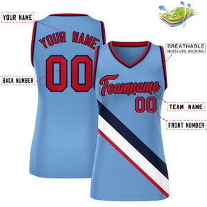 Custom Light Blue Navy-Red Thick Slash Fashion Tops Mesh Basketball Jersey For Women