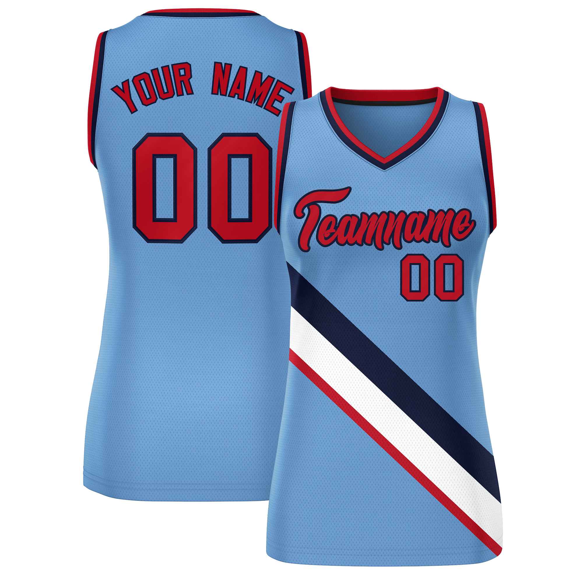 Custom Light Blue Navy-Red Thick Slash Fashion Tops Mesh Basketball Jersey For Women