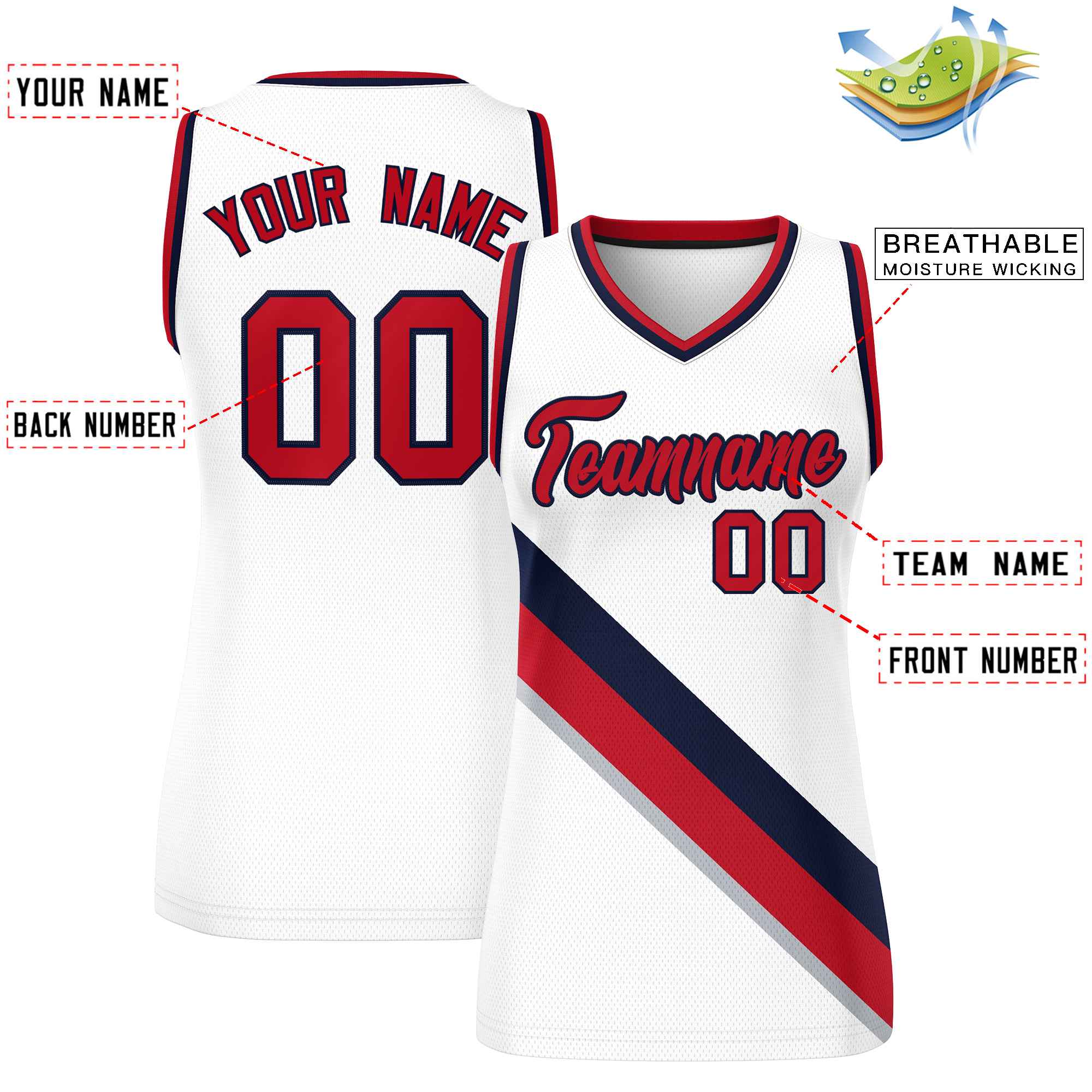 Custom White Navy-Red Thick Slash Fashion Tops Mesh Basketball Jersey For Women