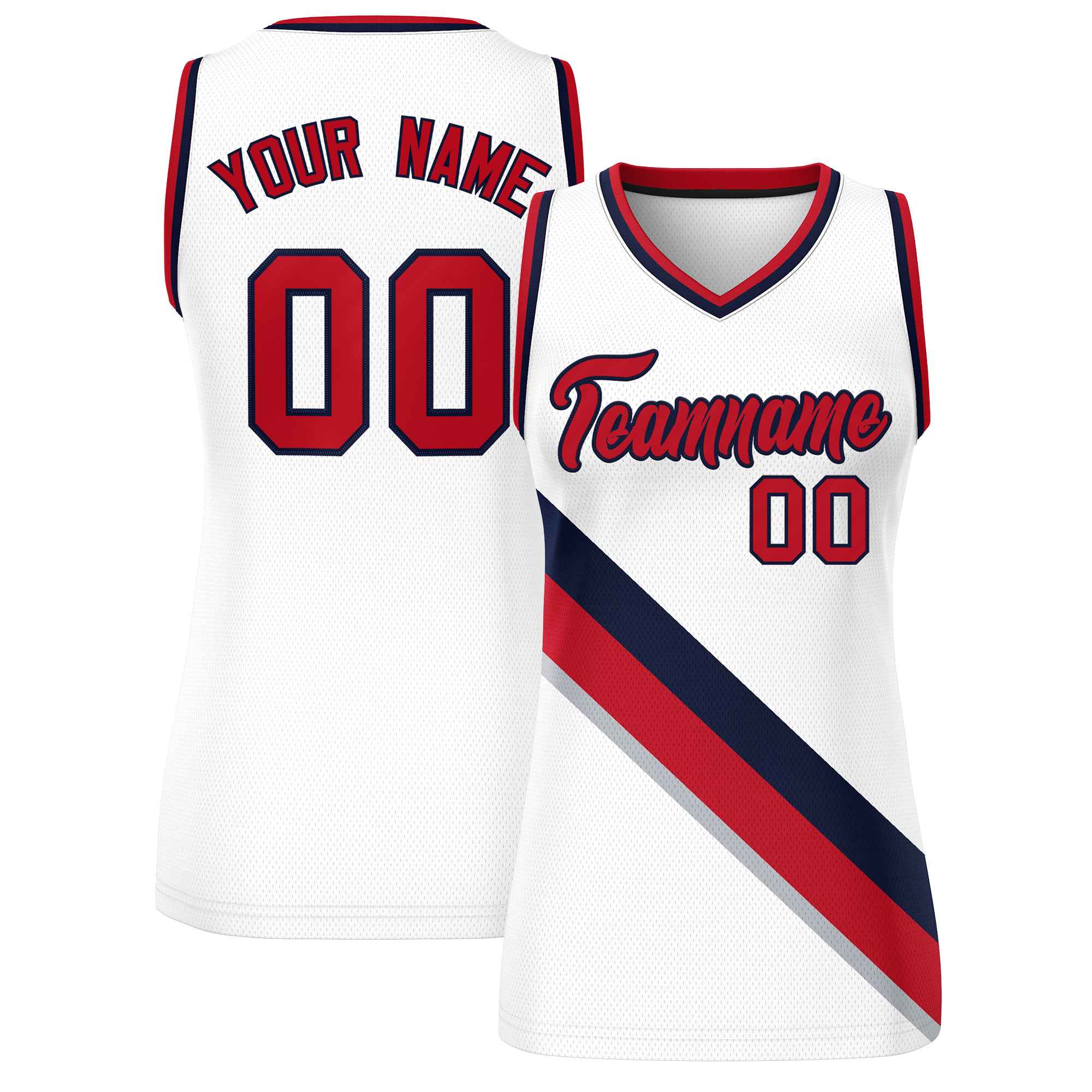 Custom White Navy-Red Thick Slash Fashion Tops Mesh Basketball Jersey For Women