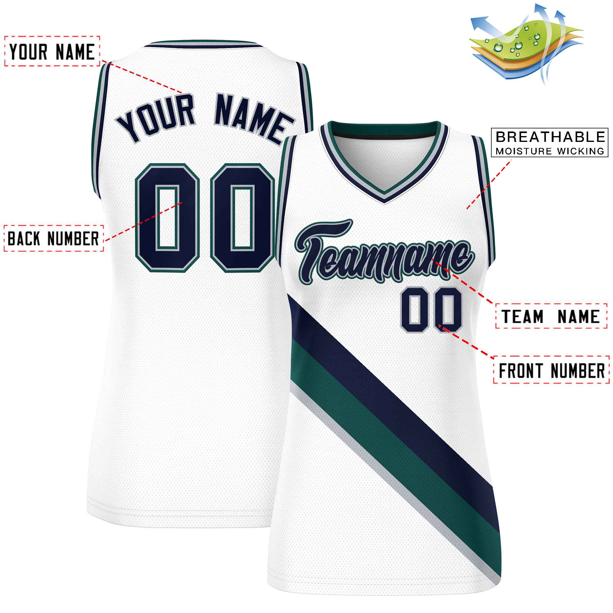 Custom White Midnight Green-Gray Thick Slash Fashion Tops Mesh Basketball Jersey For Women