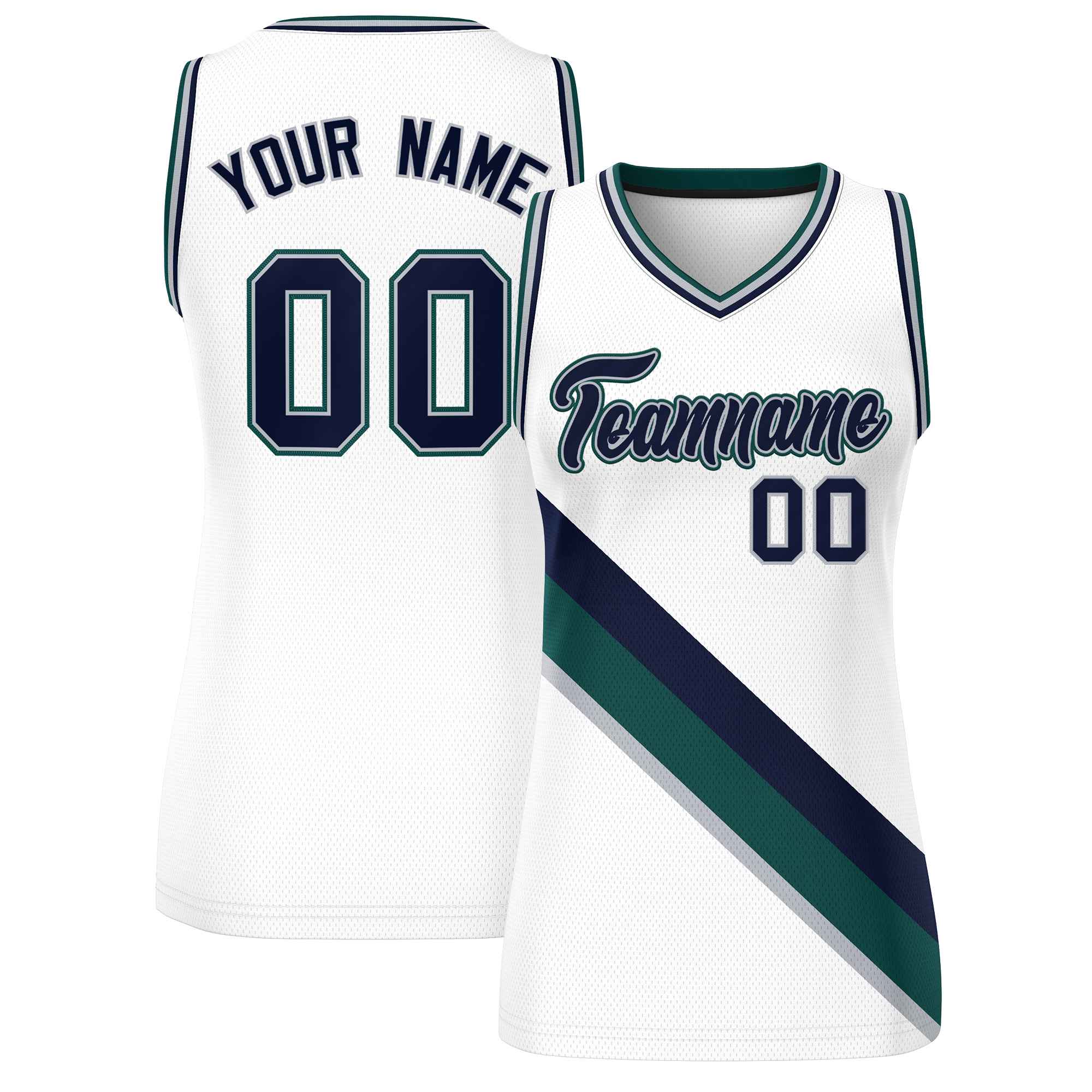 Custom White Midnight Green-Gray Thick Slash Fashion Tops Mesh Basketball Jersey For Women