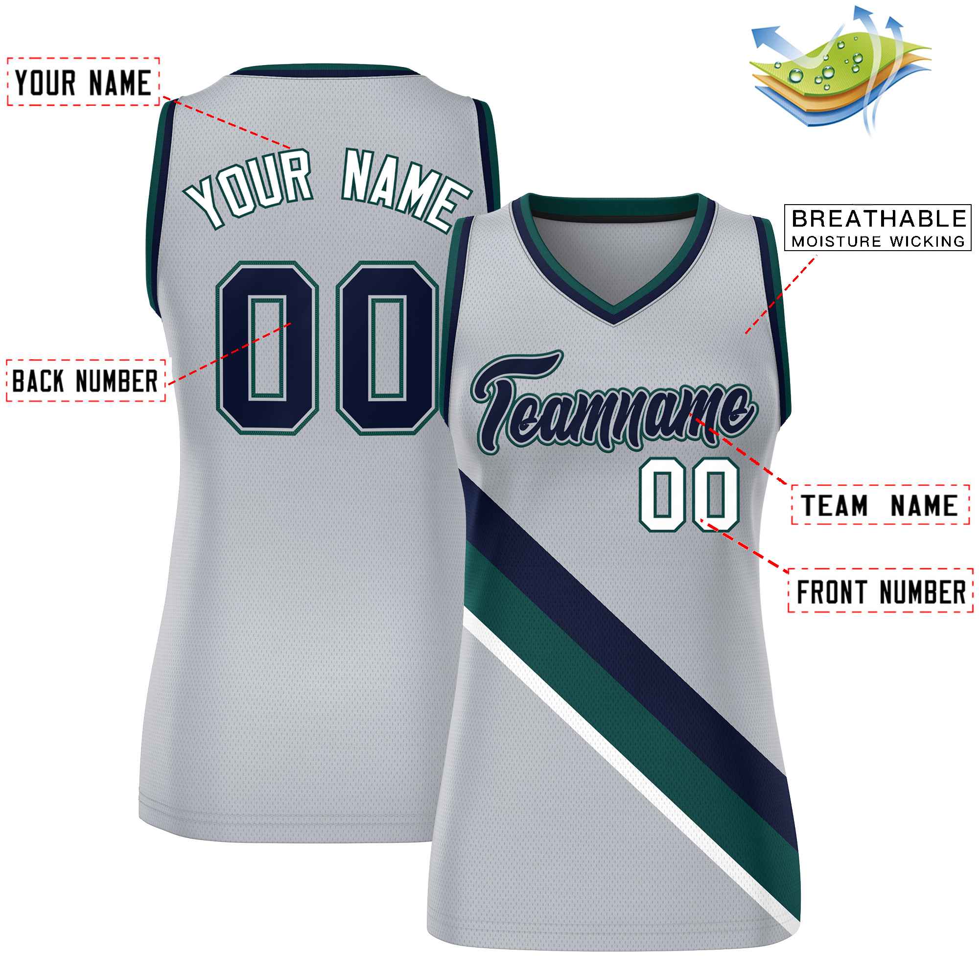 Custom Light Gray Navy-Midnight Green Thick Slash Fashion Tops Mesh Basketball Jersey For Women