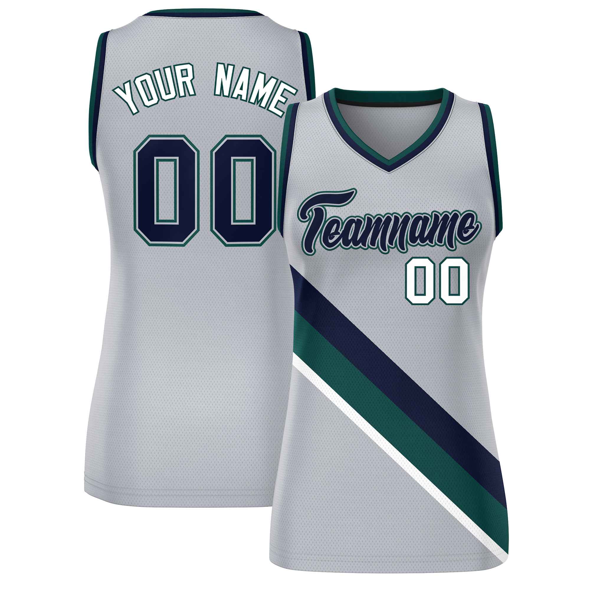 Custom Light Gray Navy-Midnight Green Thick Slash Fashion Tops Mesh Basketball Jersey For Women