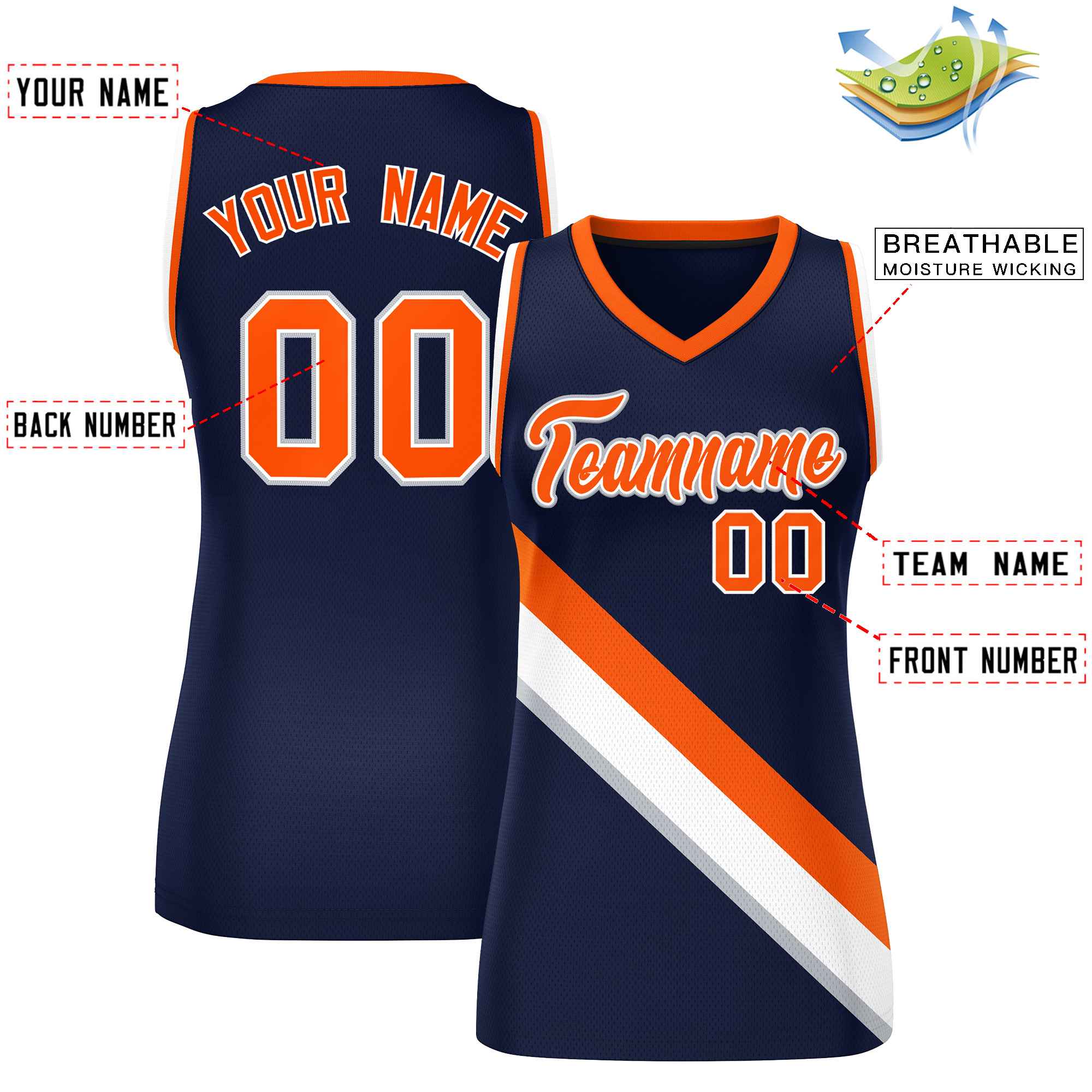 Custom Navy Orange-White Thick Slash Fashion Tops Mesh Basketball Jersey For Women