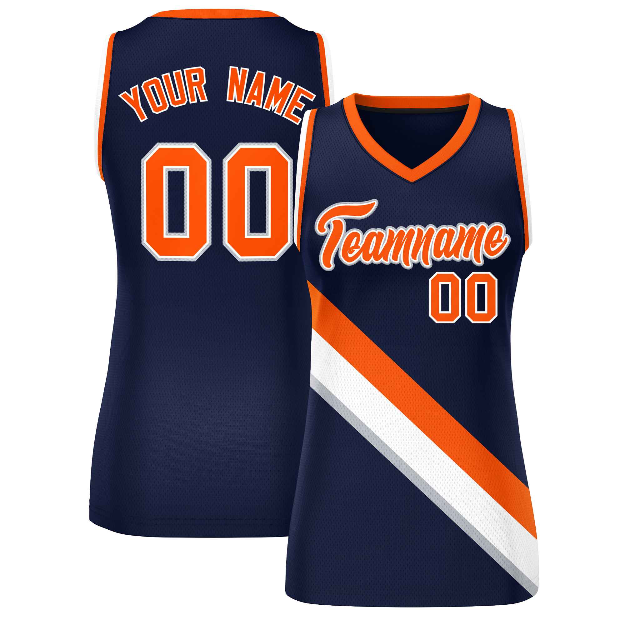 Custom Navy Orange-White Thick Slash Fashion Tops Mesh Basketball Jersey For Women