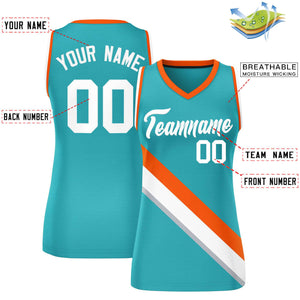 Custom Aqua Orange-White Thick Slash Fashion Tops Mesh Basketball Jersey For Women