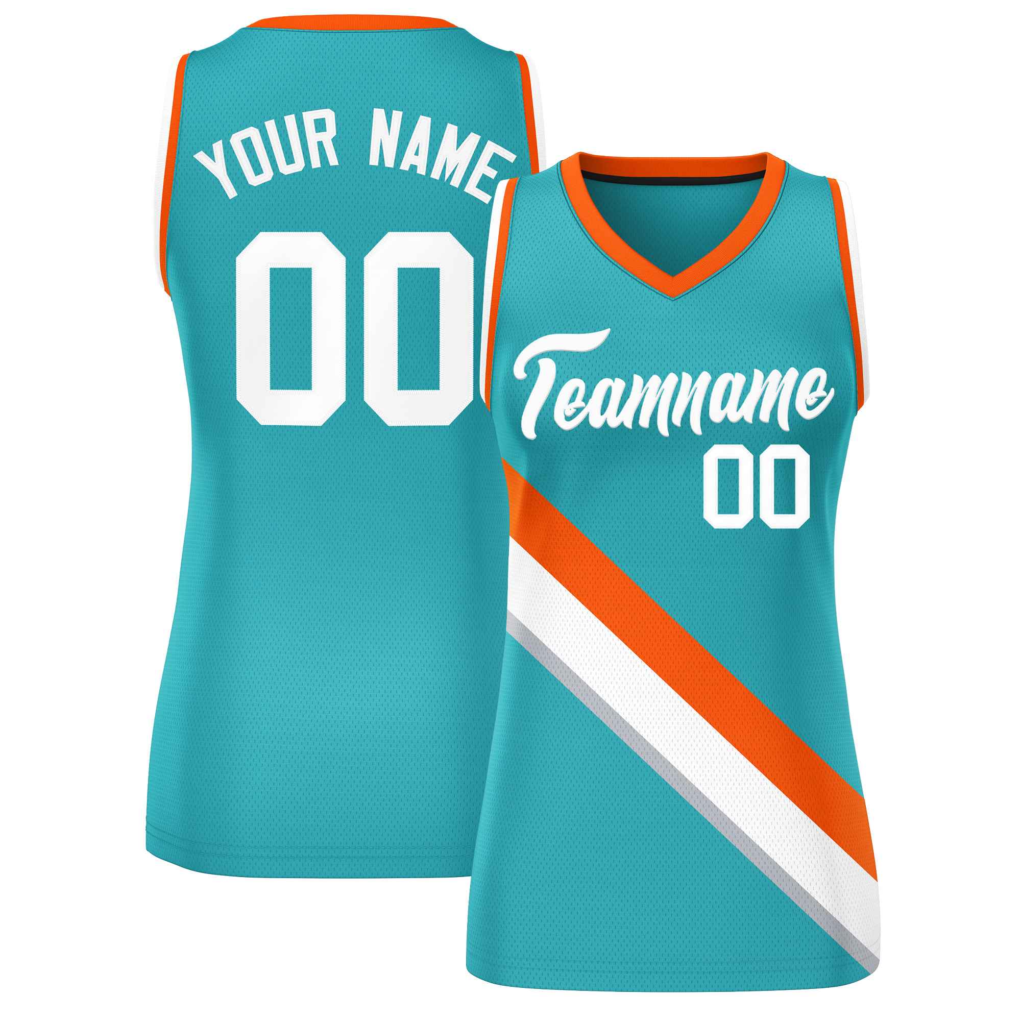 Custom Aqua Orange-White Thick Slash Fashion Tops Mesh Basketball Jersey For Women