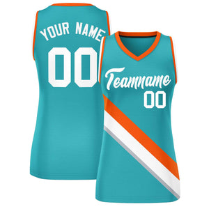 Custom Aqua Orange-White Thick Slash Fashion Tops Mesh Basketball Jersey For Women