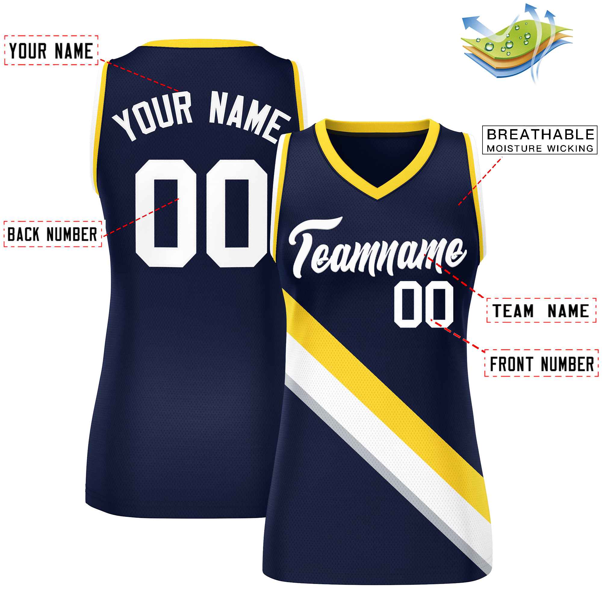 Custom Navy Gold-White Thick Slash Fashion Tops Mesh Basketball Jersey For Women