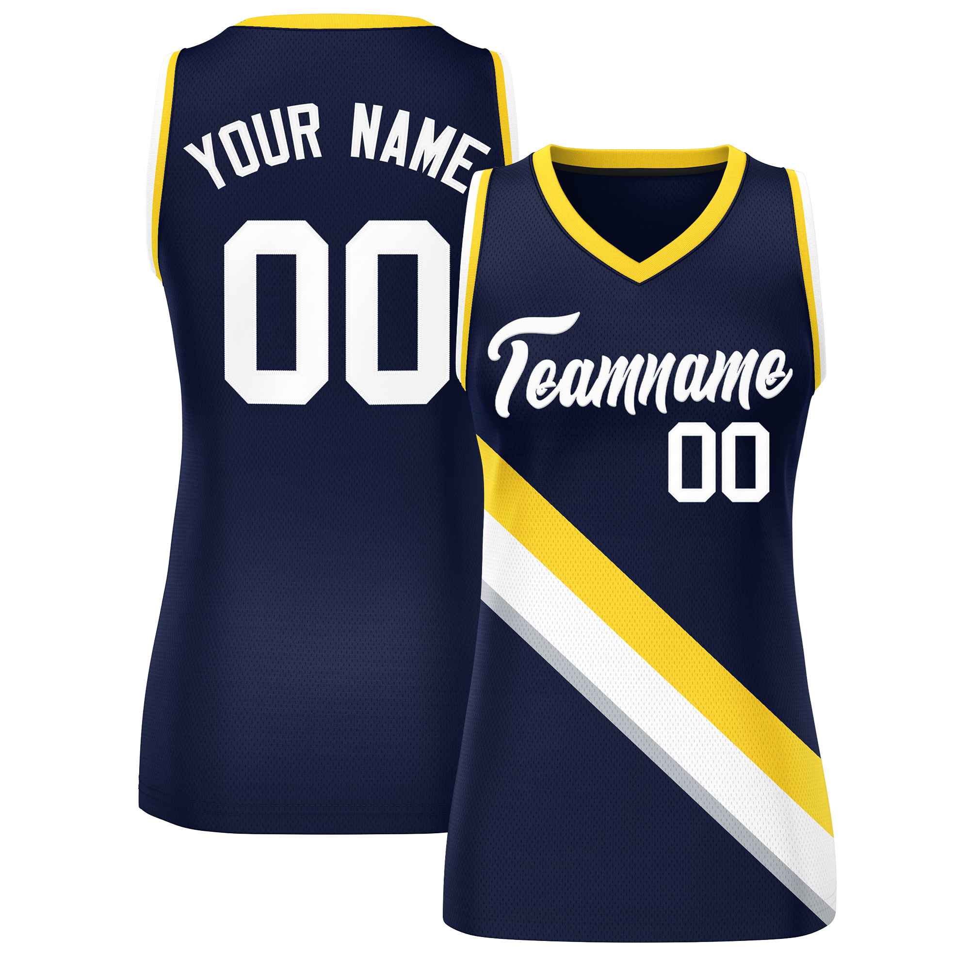 Custom Navy Gold-White Thick Slash Fashion Tops Mesh Basketball Jersey For Women