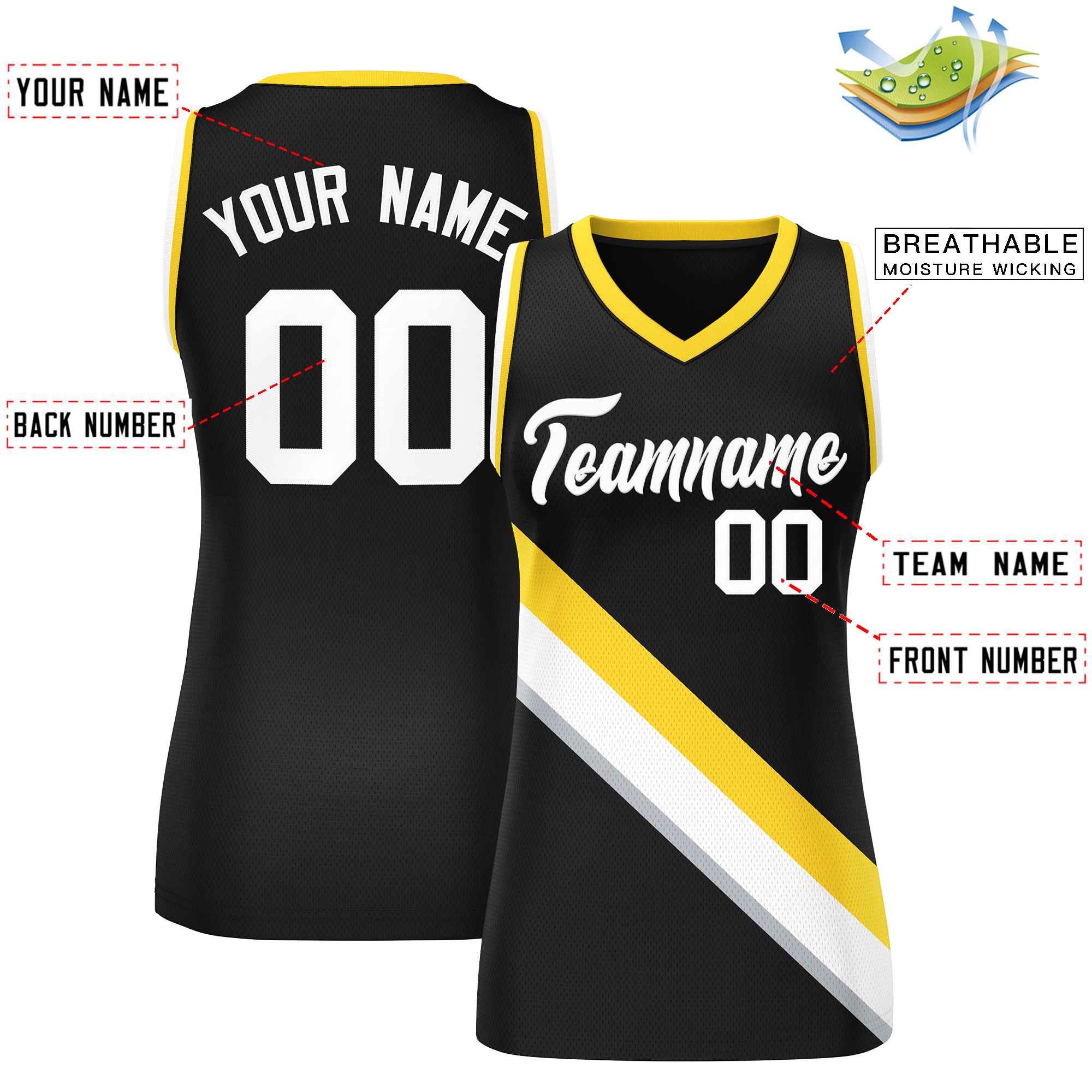 Custom Black Gold-White Thick Slash Fashion Tops Mesh Basketball Jersey For Women