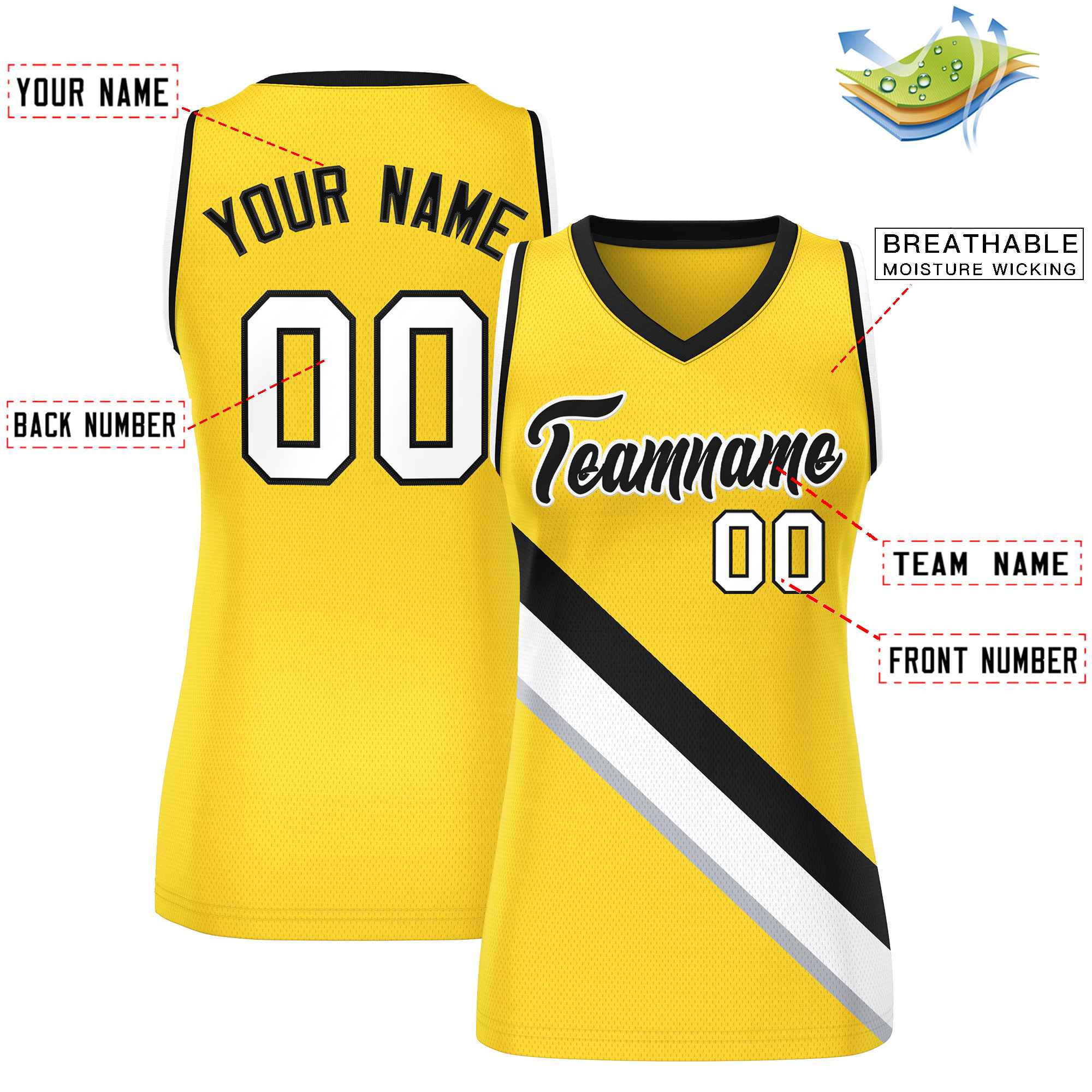 Custom Gold Black-White Thick Slash Fashion Tops Mesh Basketball Jersey For Women