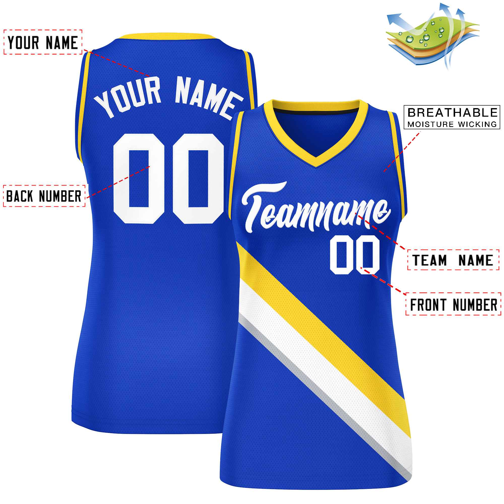 Custom Royal Gold-Royal Thick Slash Fashion Tops Mesh Basketball Jersey For Women