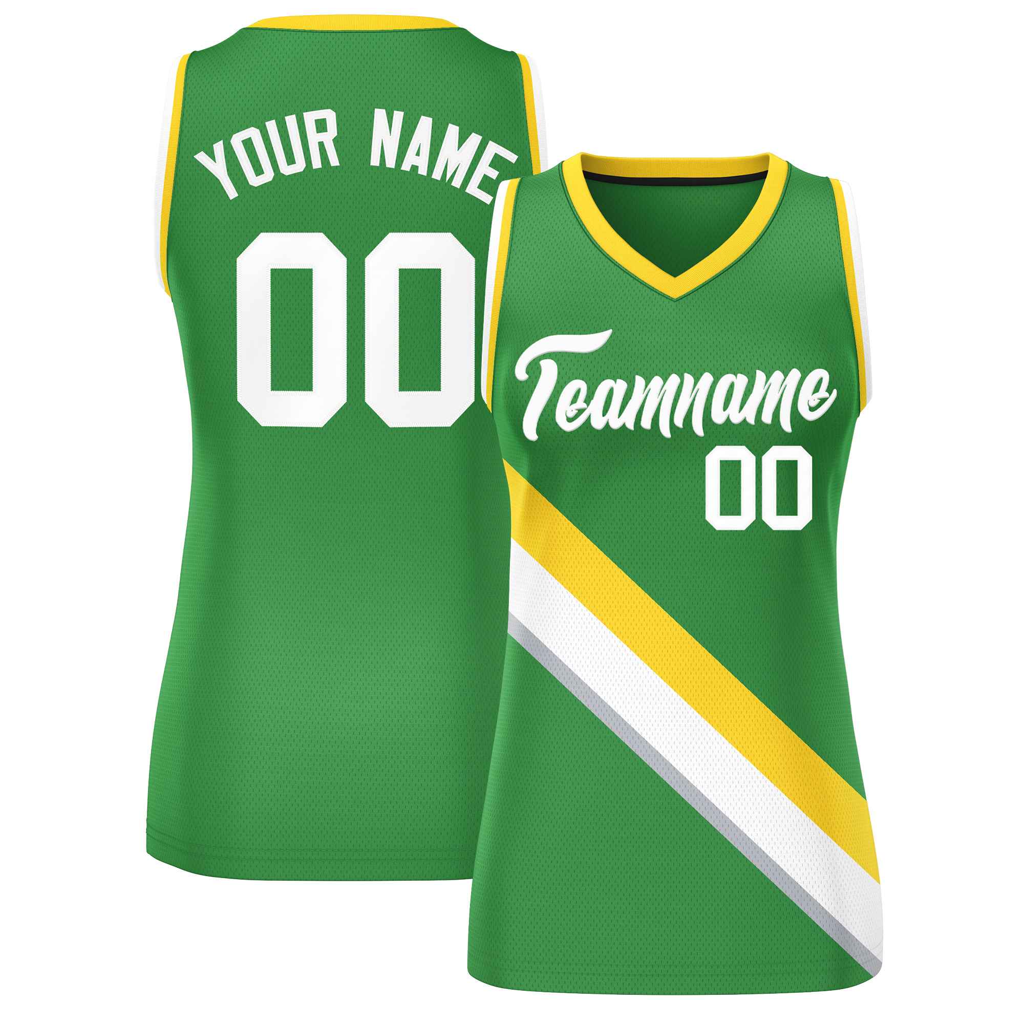 Custom Kelly Green Gold-White Thick Slash Fashion Tops Mesh Basketball Jersey For Women