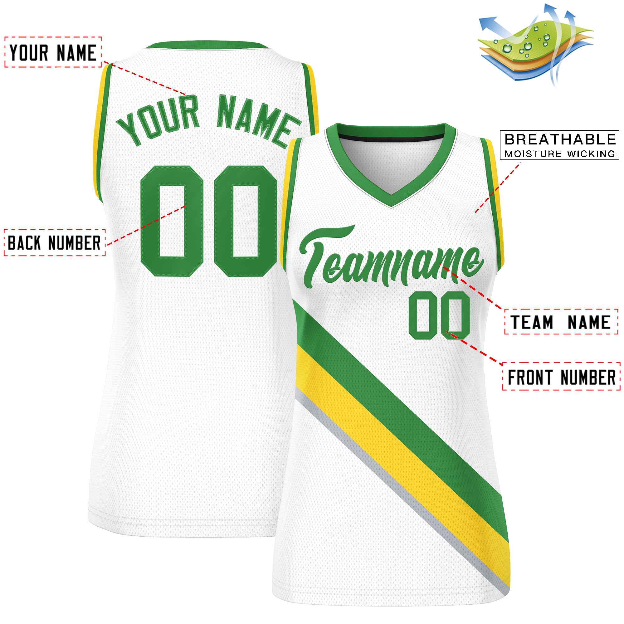 Custom White Kelly Green-Gold Thick Slash Fashion Tops Mesh Basketball Jersey For Women