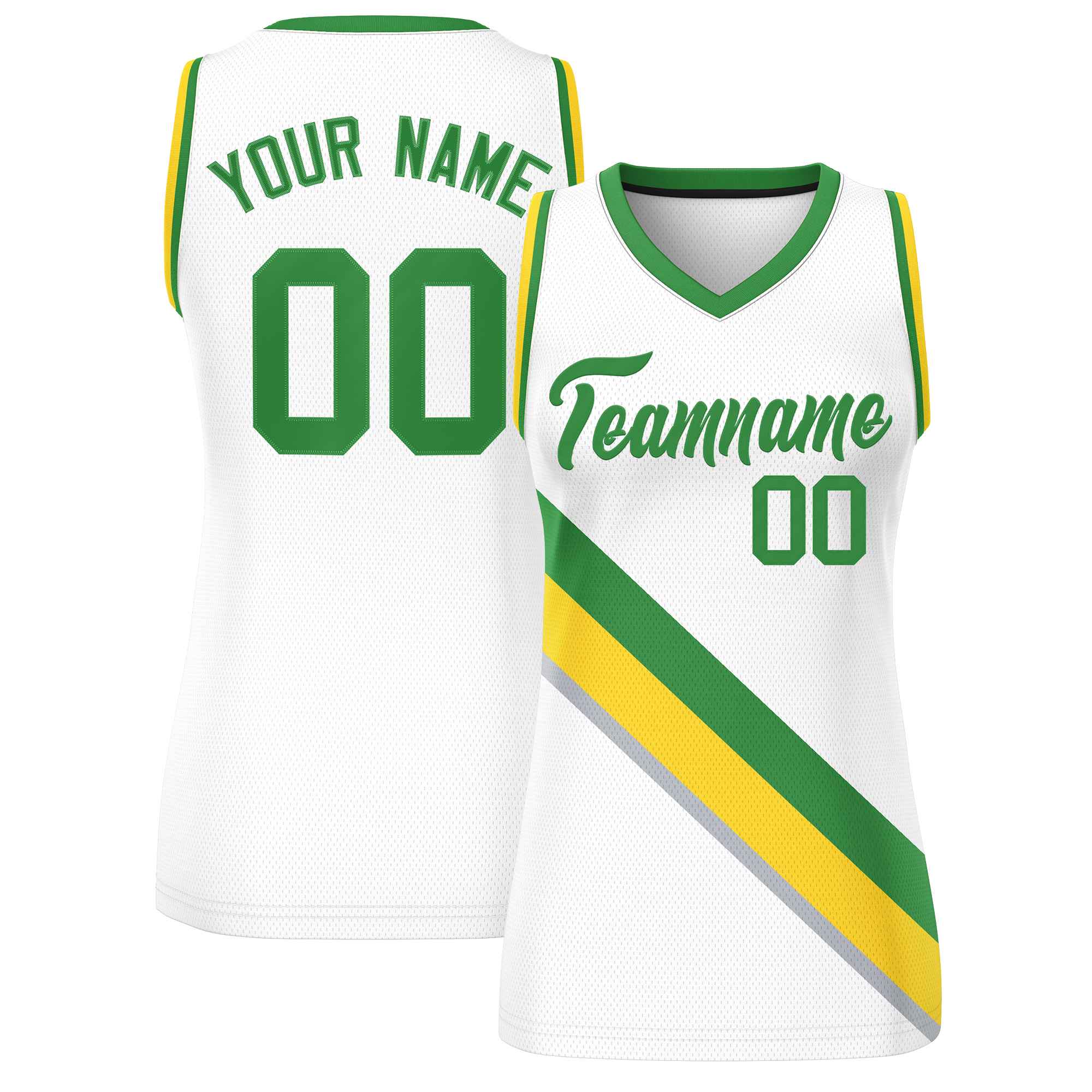 Custom White Kelly Green-Gold Thick Slash Fashion Tops Mesh Basketball Jersey For Women