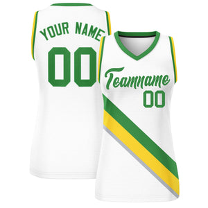 Custom White Kelly Green-Gold Thick Slash Fashion Tops Mesh Basketball Jersey For Women