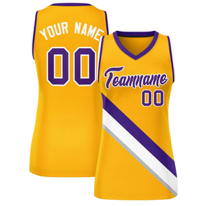 Custom Yellow Purple-White Thick Slash Fashion Tops Mesh Basketball Jersey For Women