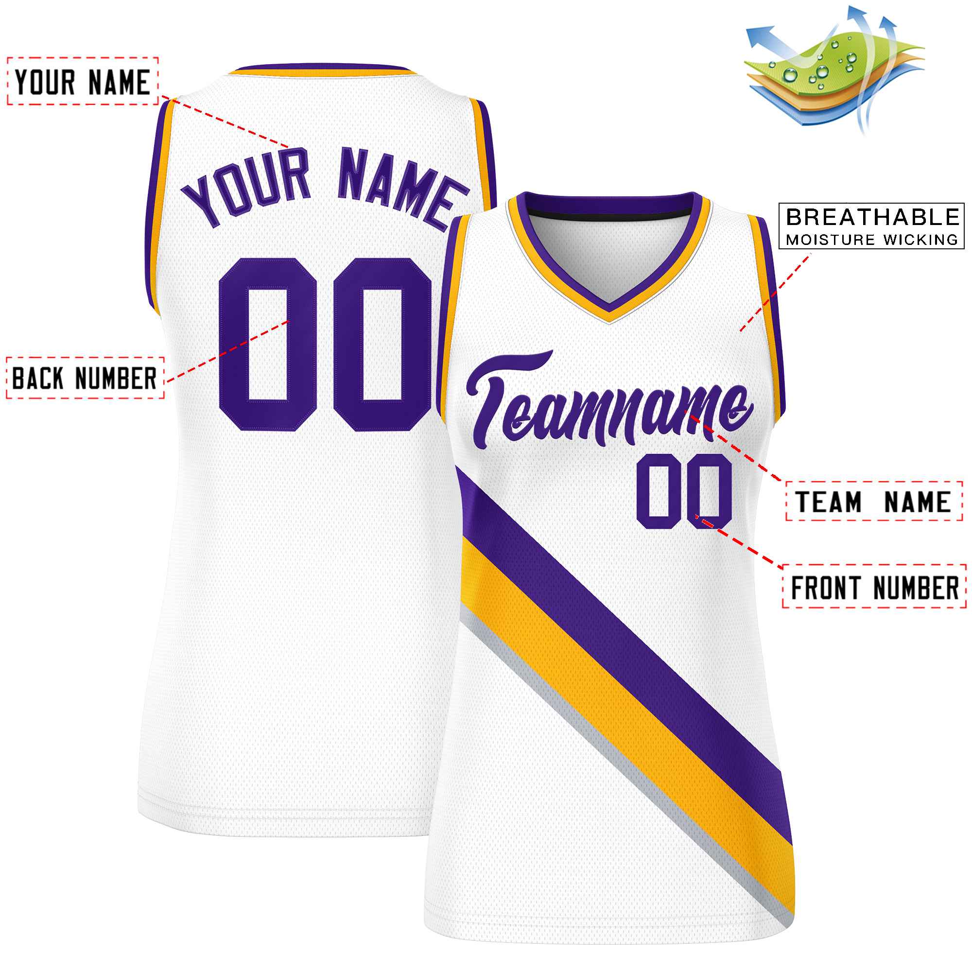 Custom White Yellow-Purple Thick Slash Fashion Tops Mesh Basketball Jersey For Women