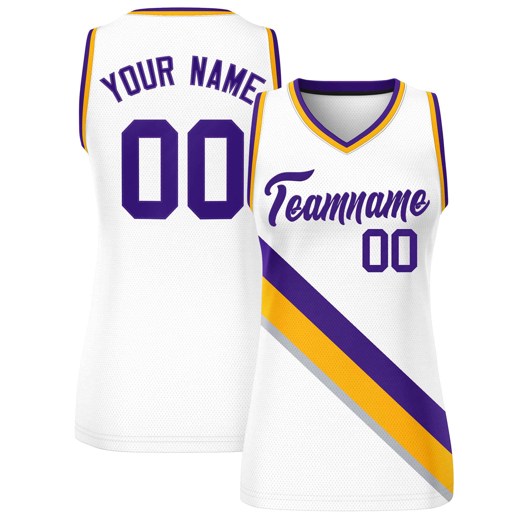 Custom White Yellow-Purple Thick Slash Fashion Tops Mesh Basketball Jersey For Women