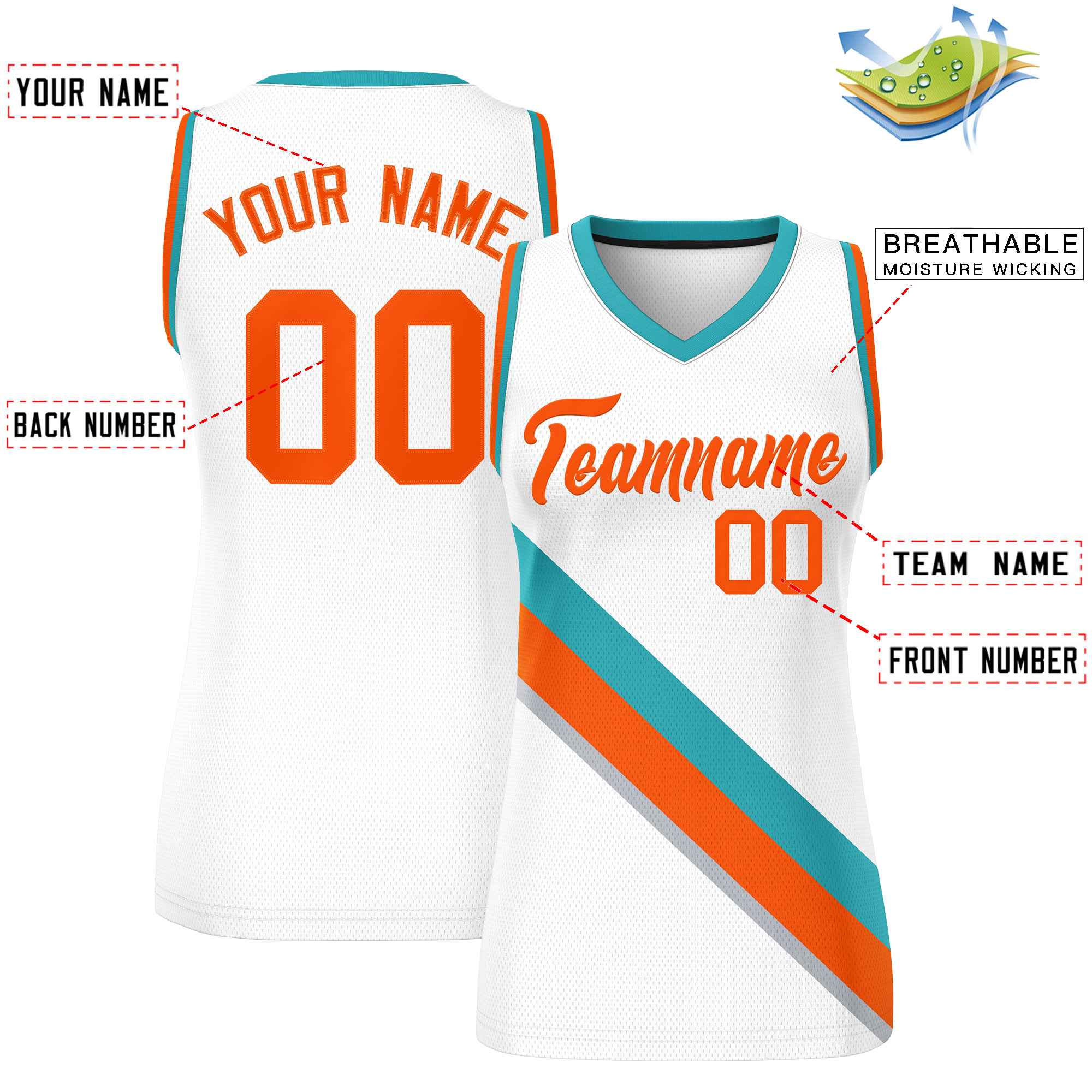 Custom White Aqua-Orange Thick Slash Fashion Tops Mesh Basketball Jersey For Women