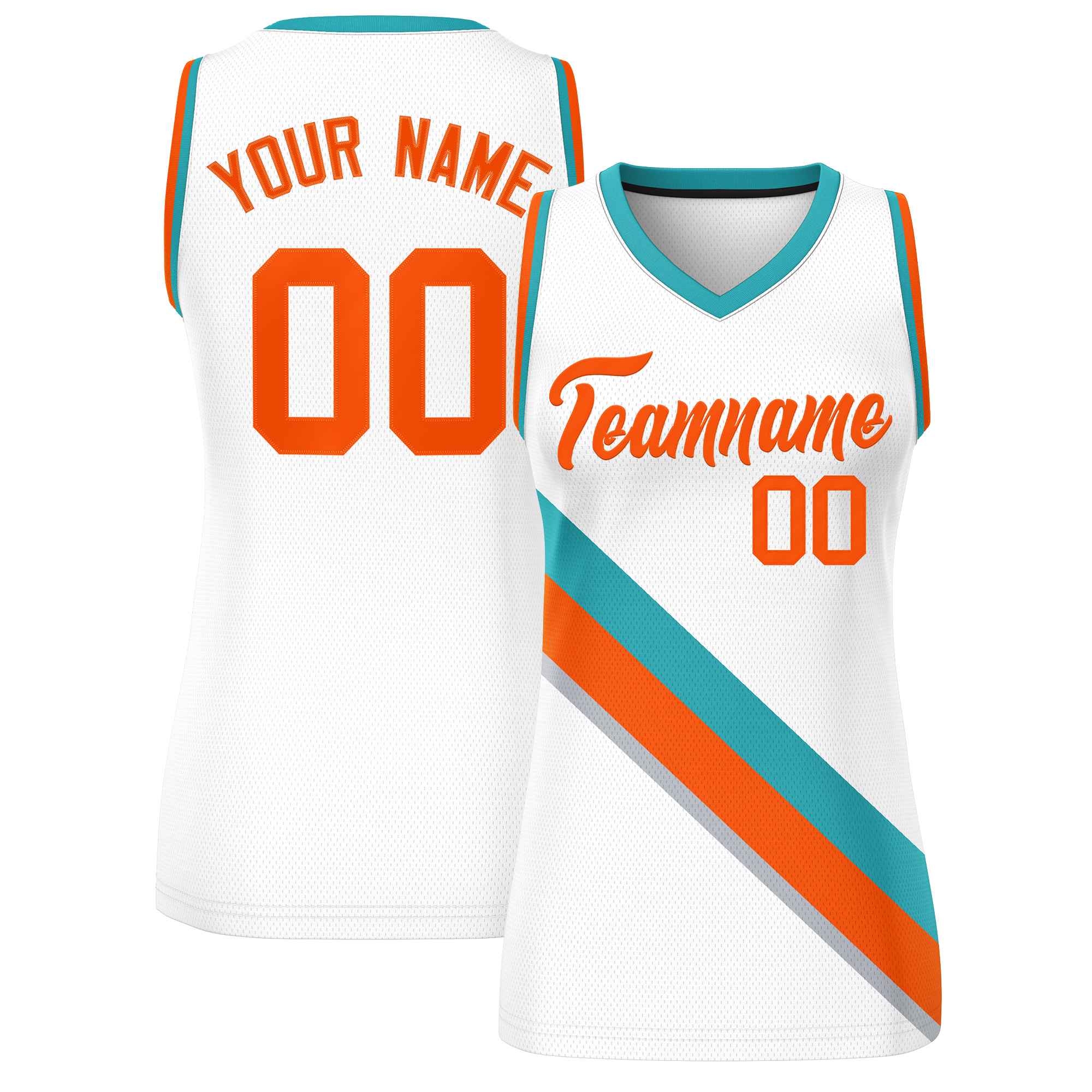 Custom White Aqua-Orange Thick Slash Fashion Tops Mesh Basketball Jersey For Women