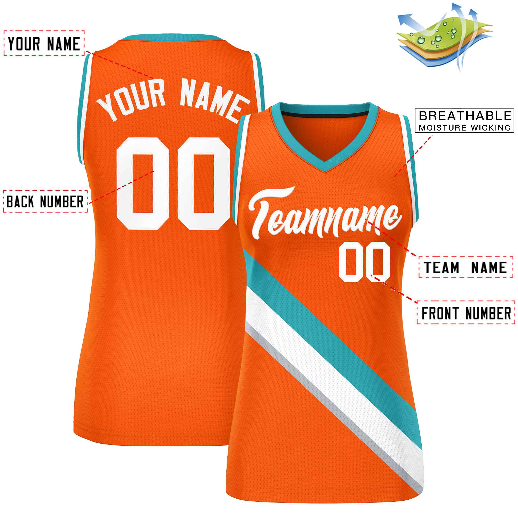 Custom Orange White-Aqua Thick Slash Fashion Tops Mesh Basketball Jersey For Women