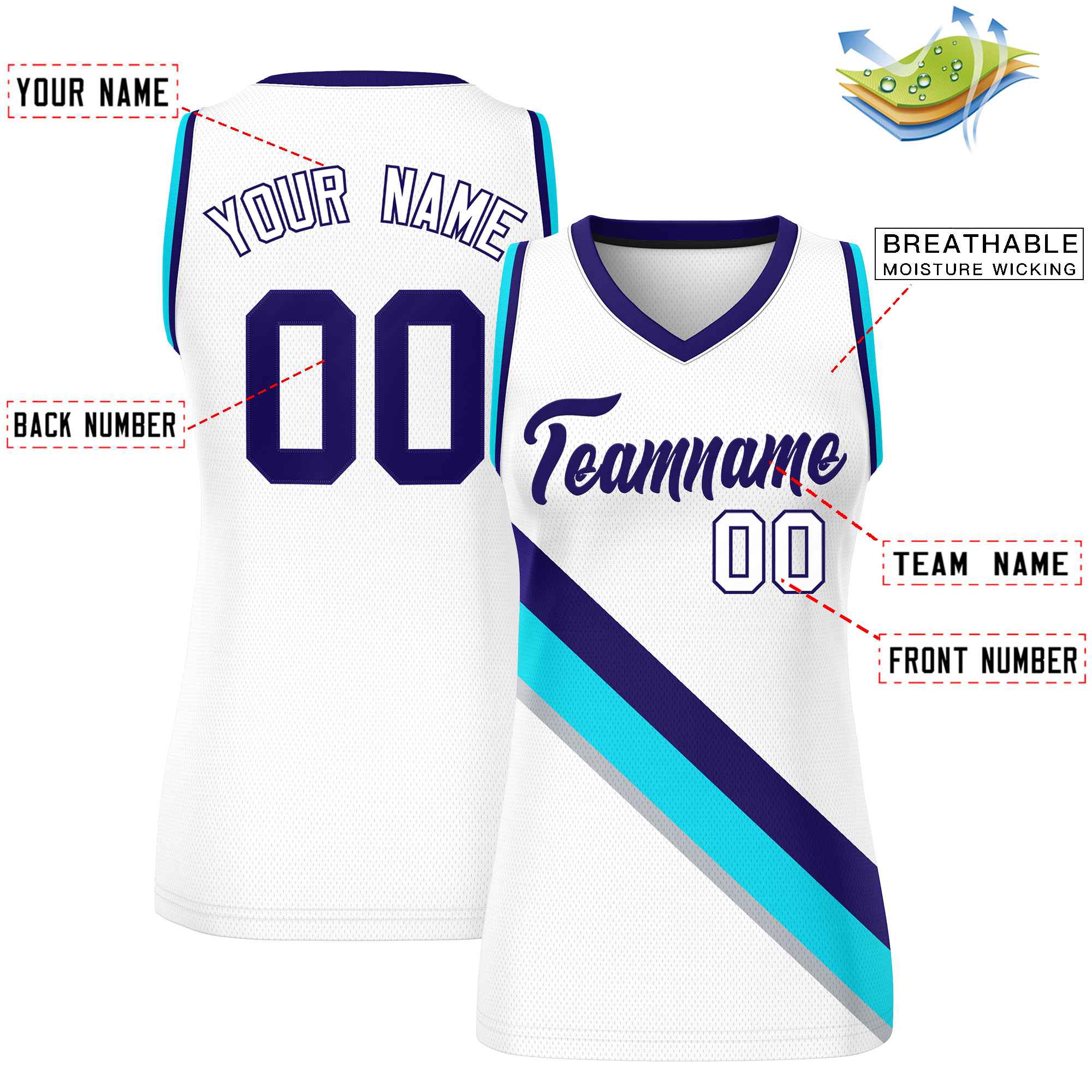 Custom White Purple-Powder Blue Thick Slash Fashion Tops Mesh Basketball Jersey For Women