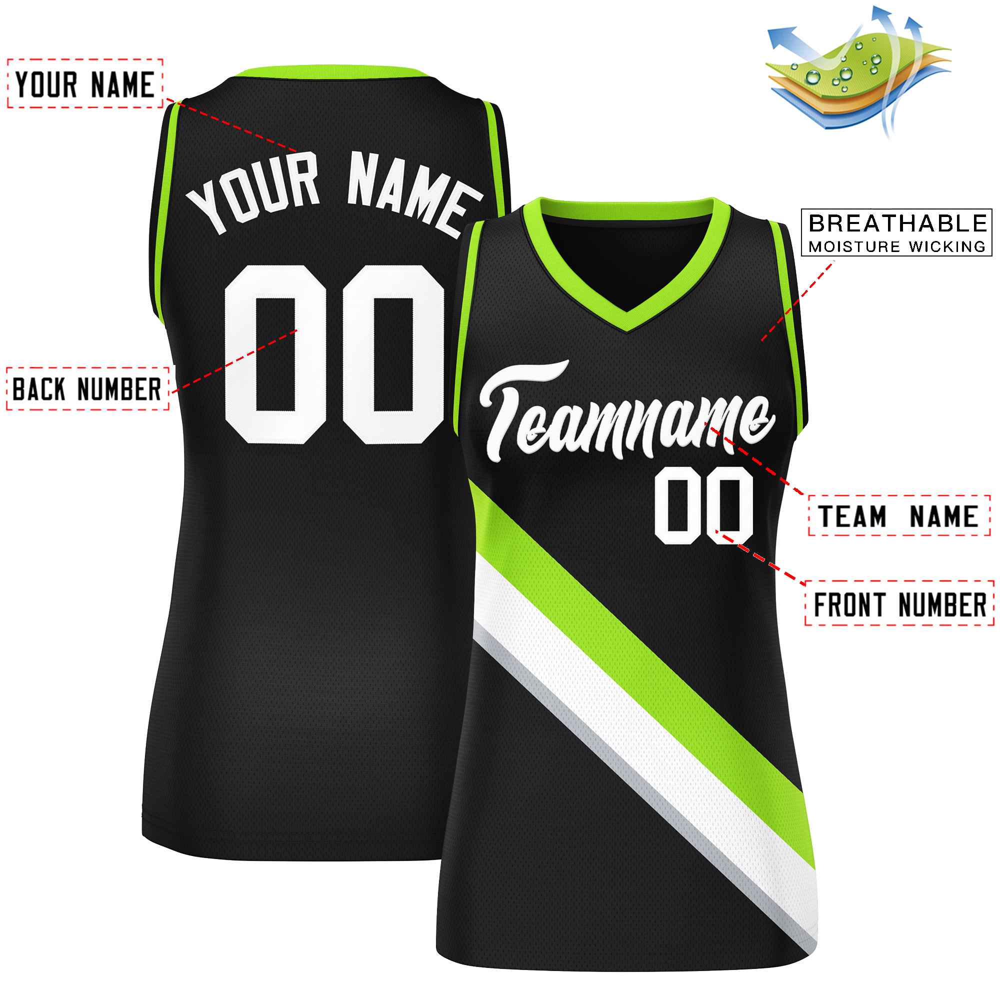 Custom Black Neon Green-Black Thick Slash Fashion Tops Mesh Basketball Jersey For Women