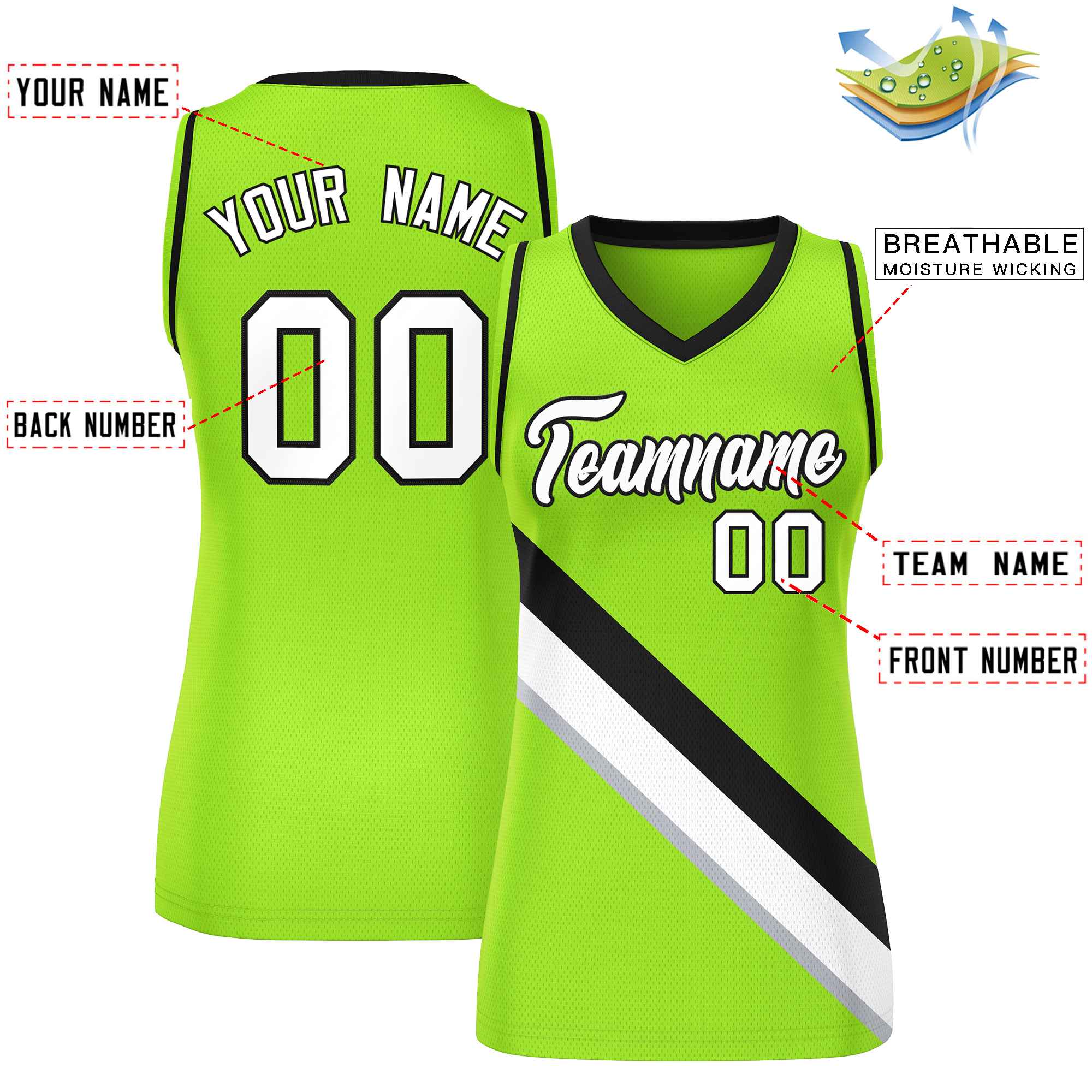 Custom Neon Green Black-Neon Green Thick Slash Fashion Tops Mesh Basketball Jersey For Women