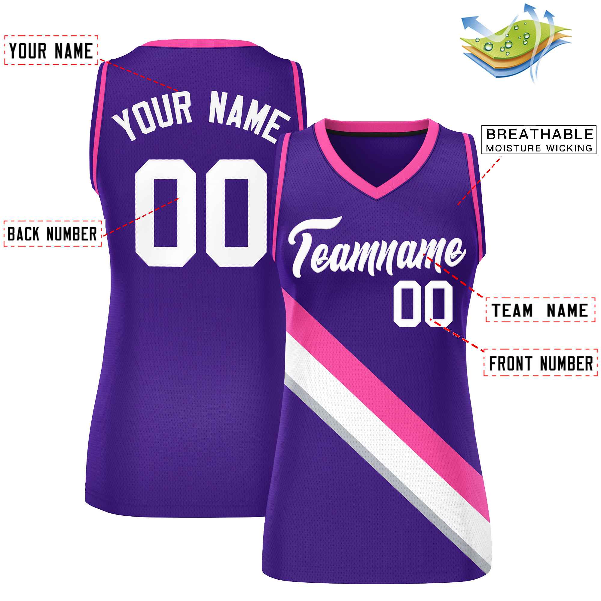 Custom Purple Pink-Purple Thick Slash Fashion Tops Mesh Basketball Jersey For Women