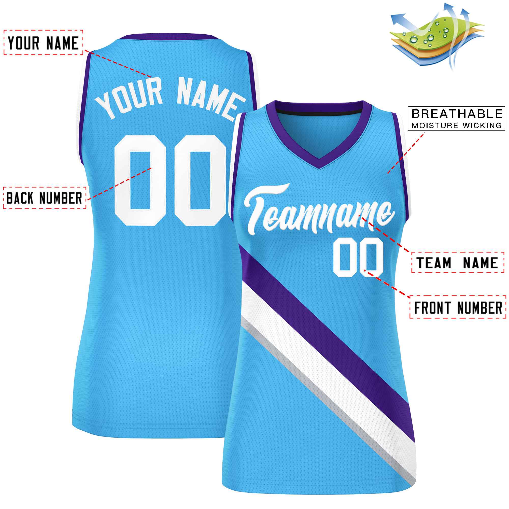 Custom Powder Blue Purple-White Thick Slash Fashion Tops Mesh Basketball Jersey For Women