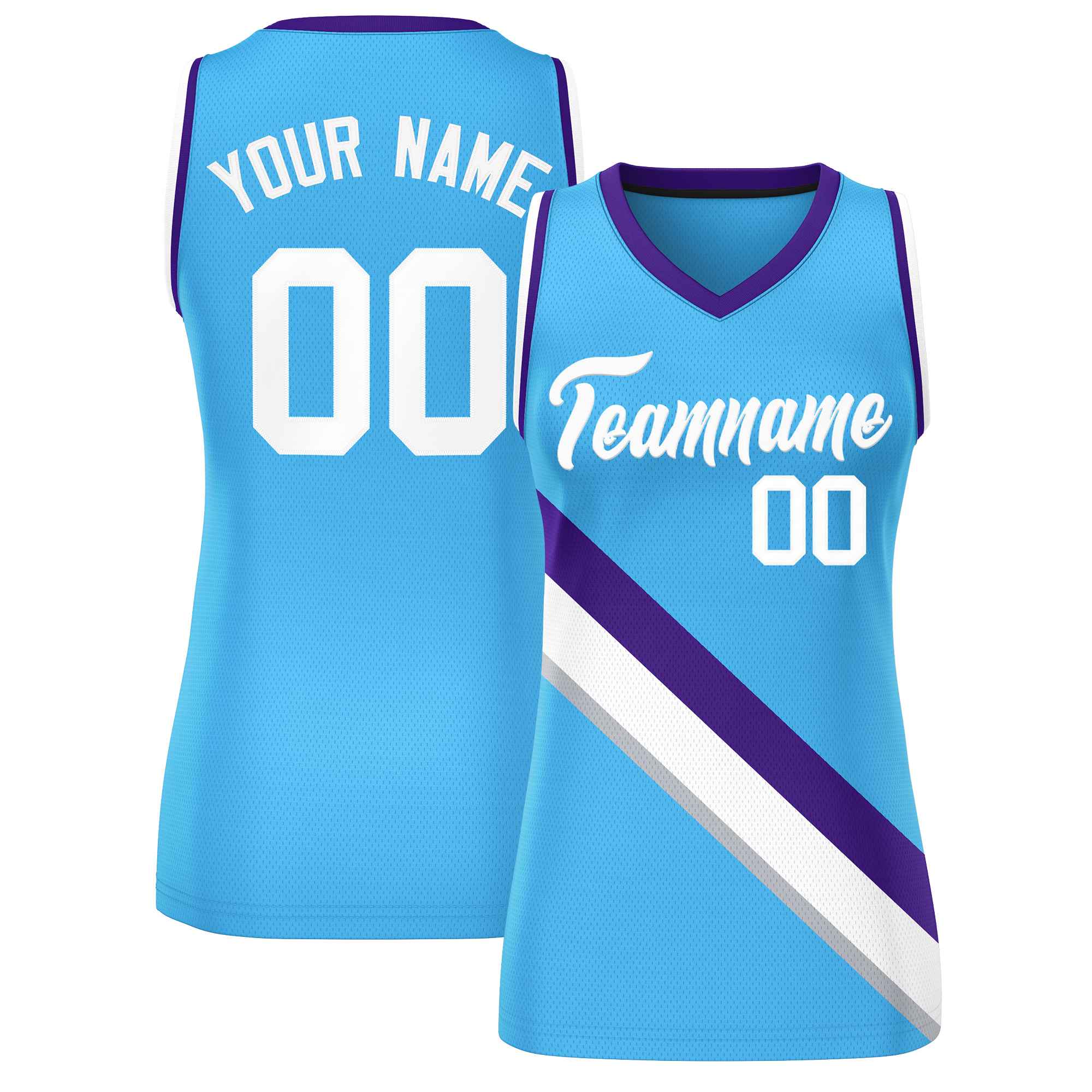 Custom Powder Blue Purple-White Thick Slash Fashion Tops Mesh Basketball Jersey For Women