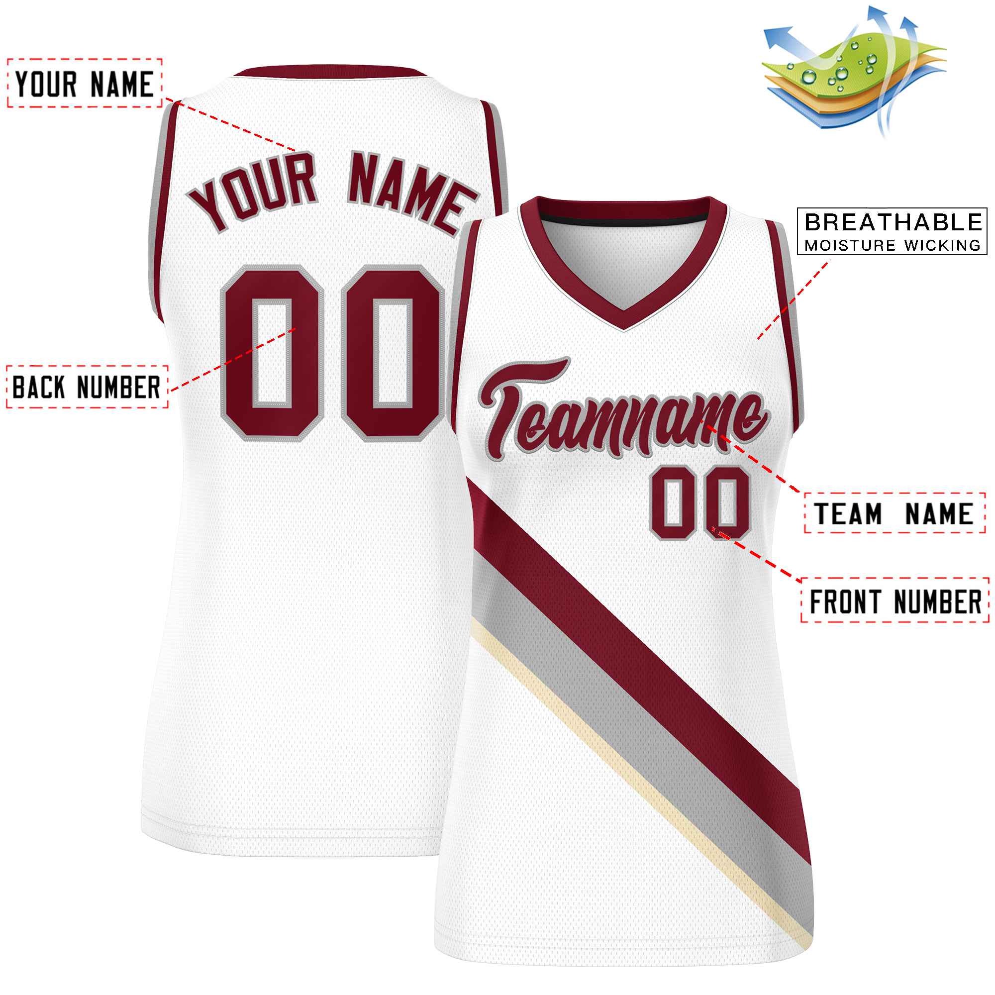 Custom White Crimson-Gray Thick Slash Fashion Tops Mesh Basketball Jersey For Women