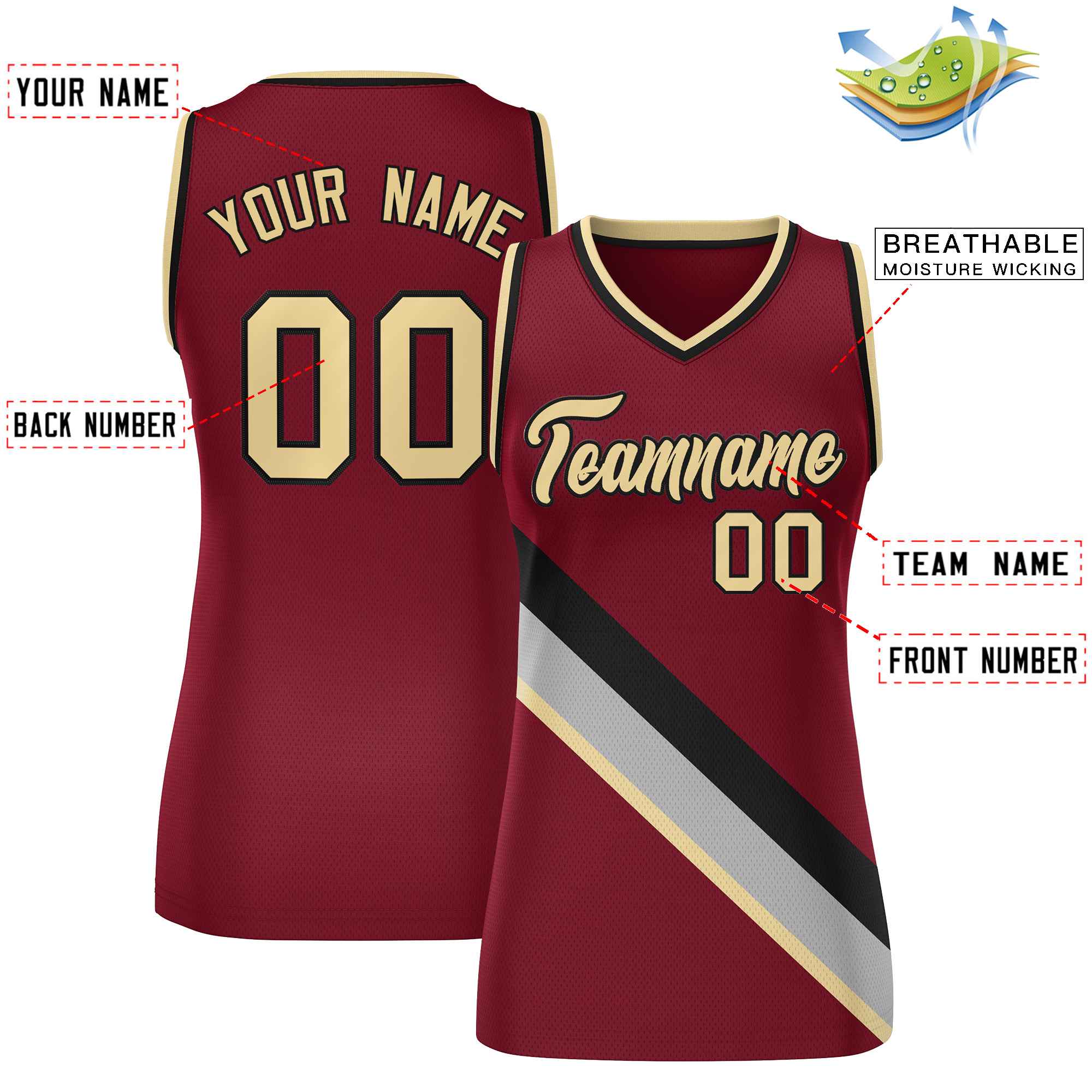 Custom Crimson Black-Khaki Thick Slash Fashion Tops Mesh Basketball Jersey For Women