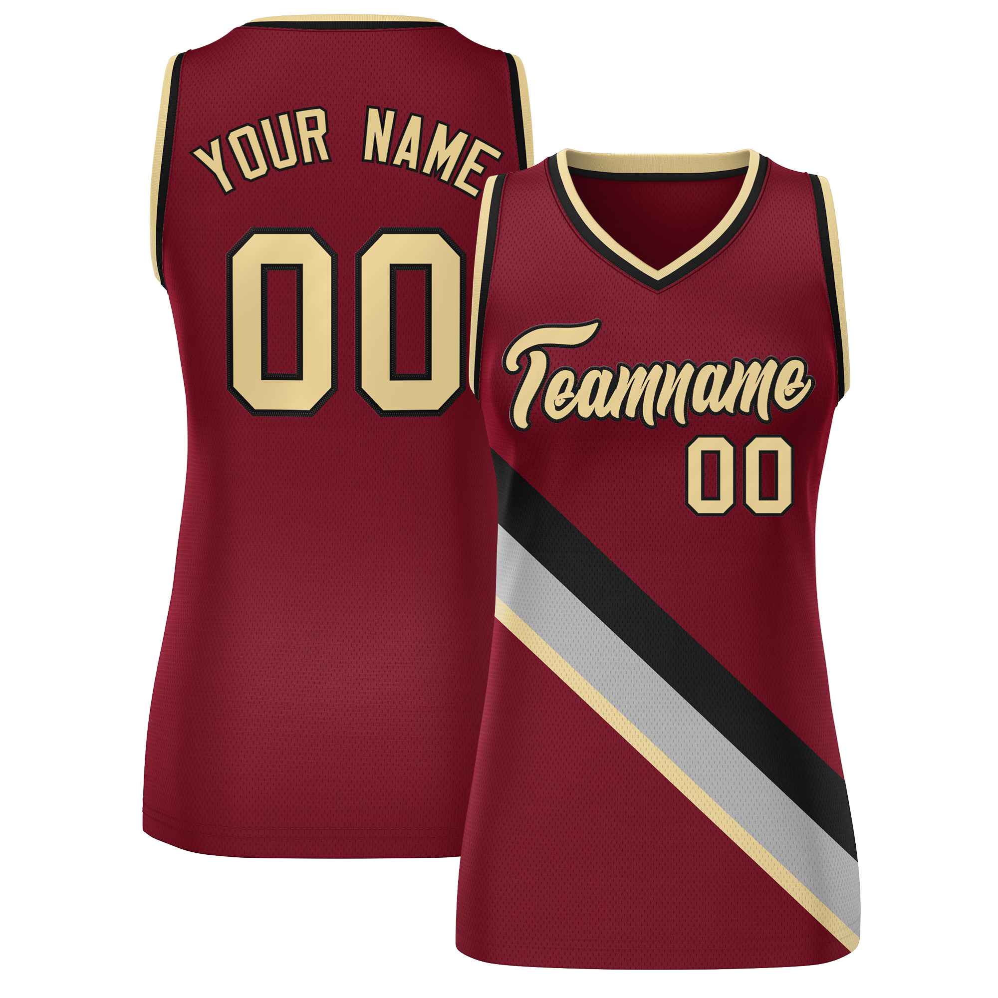 Custom Crimson Black-Khaki Thick Slash Fashion Tops Mesh Basketball Jersey For Women