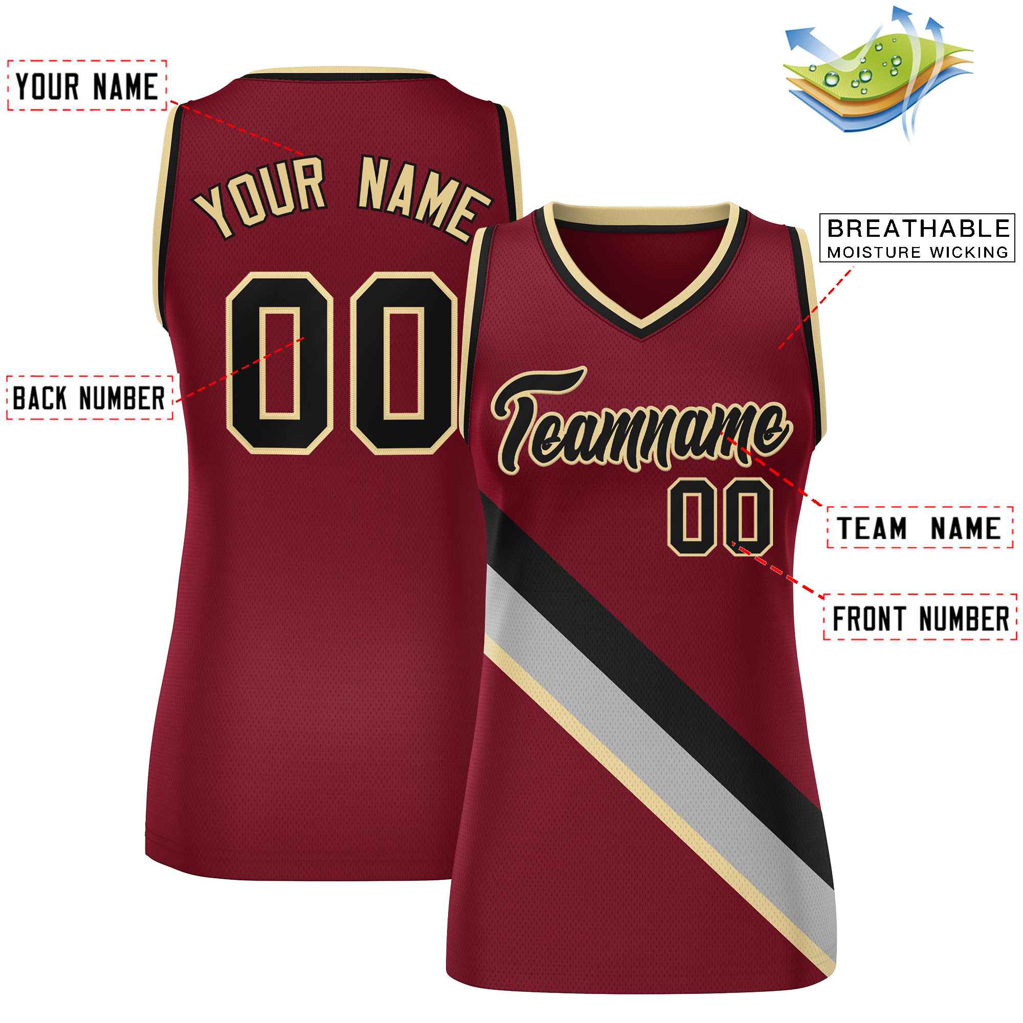 Custom Crimson Black-Khaki Thick Slash Fashion Tops Mesh Basketball Jersey For Women