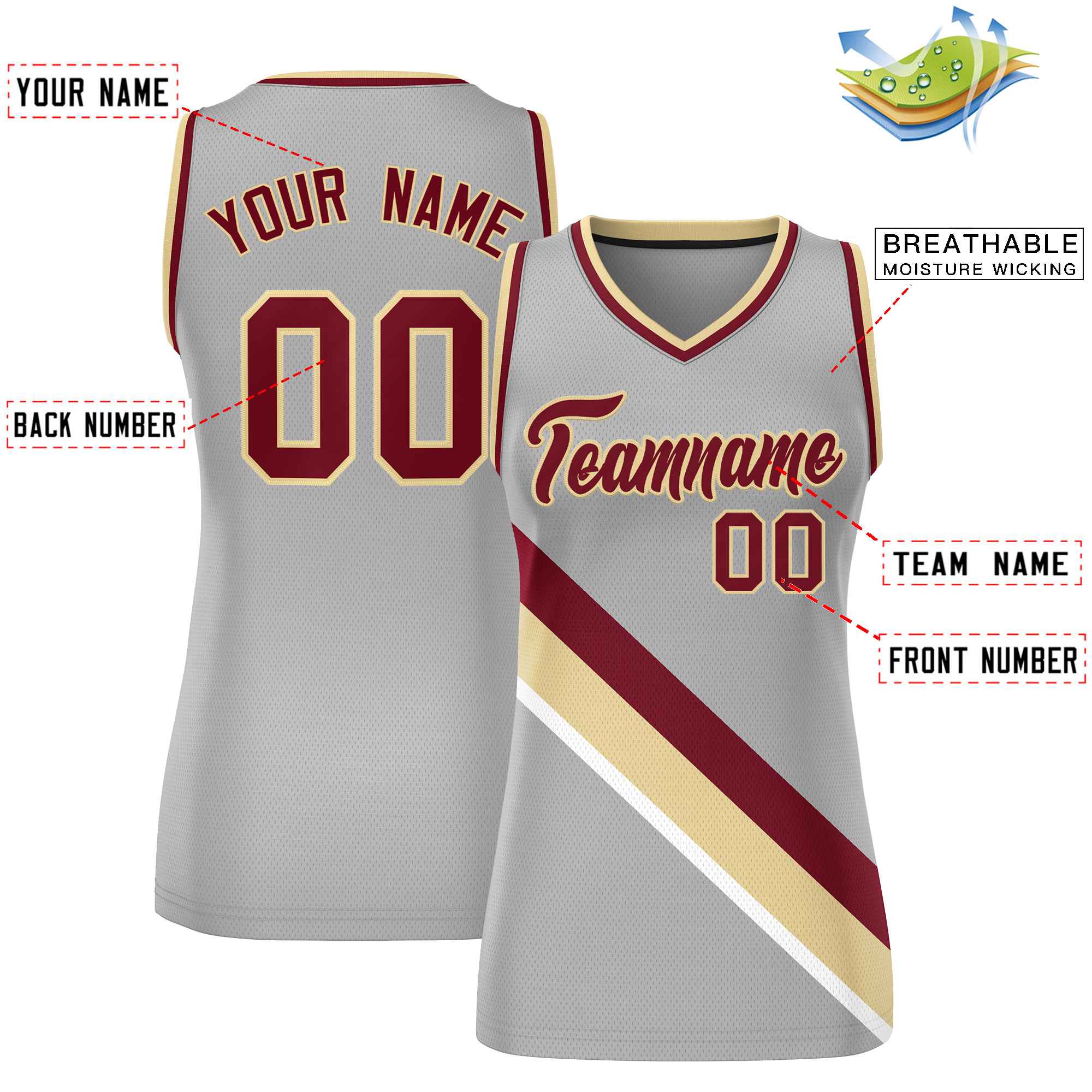 Custom Light Gray Crimson-Khaki Thick Slash Fashion Tops Mesh Basketball Jersey For Women