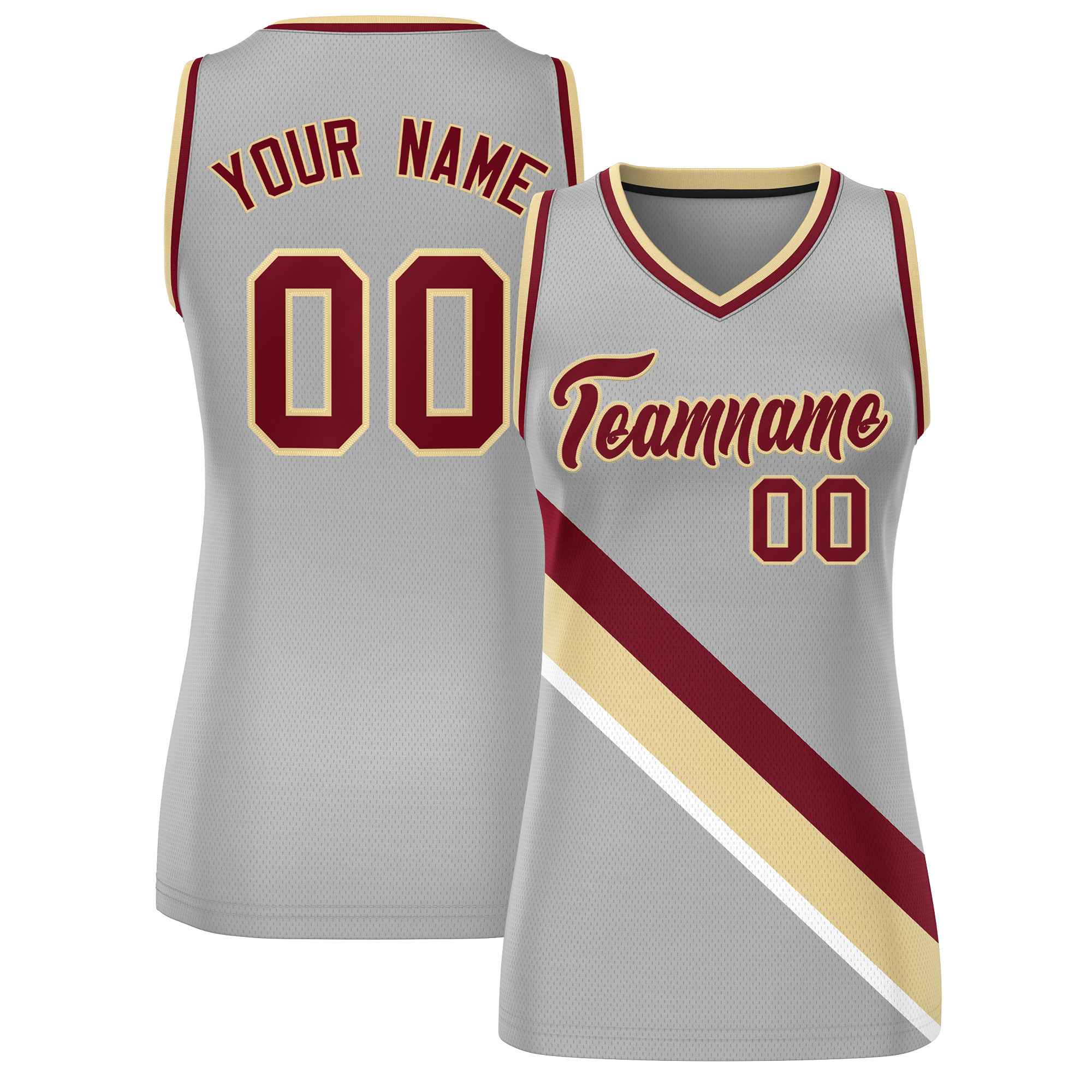 Custom Light Gray Crimson-Khaki Thick Slash Fashion Tops Mesh Basketball Jersey For Women