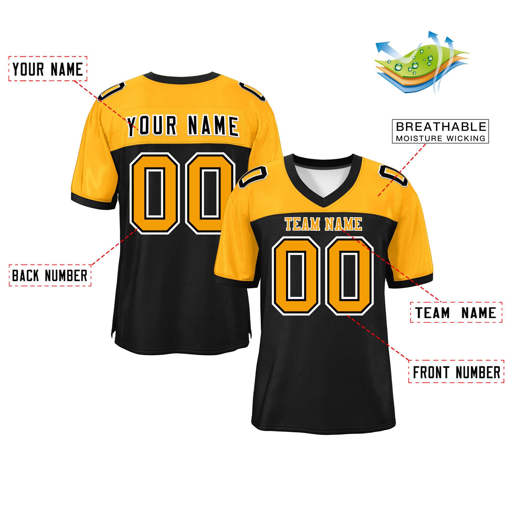 Custom Black-Yellow Raglan Sleeves Fashion Authentic Football Jersey