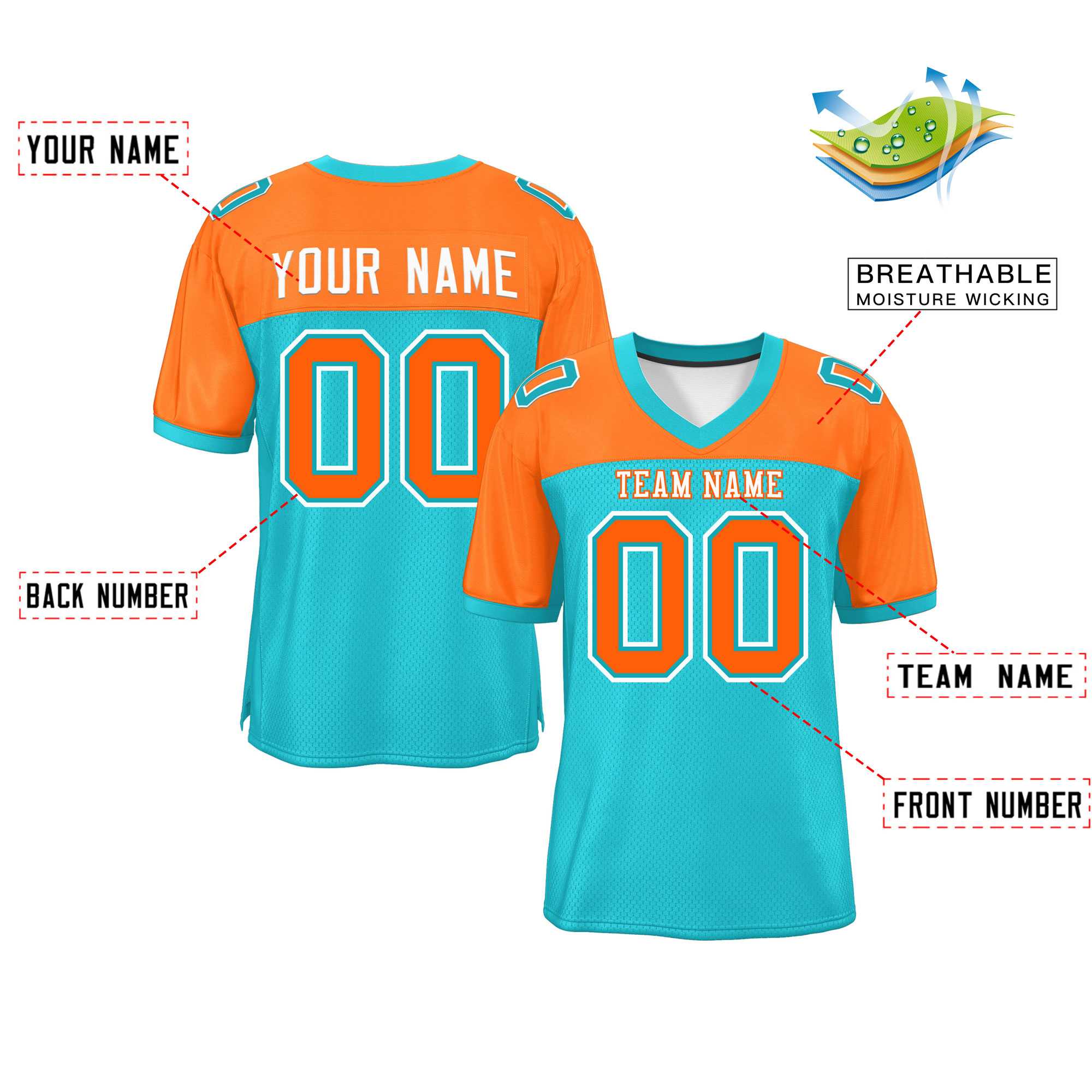 Custom Aqua-Orange Raglan Sleeves Fashion Authentic Football Jersey