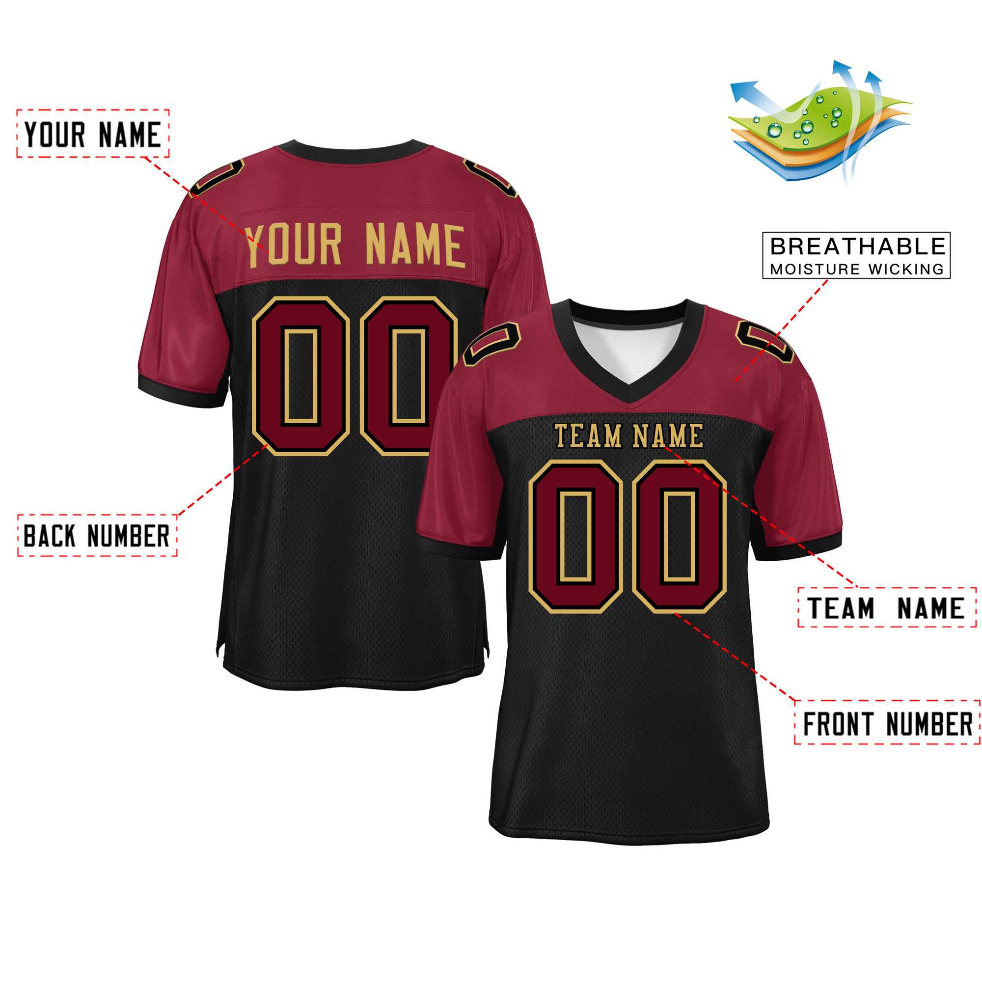 Custom Black-Crimson Raglan Sleeves Fashion Authentic Football Jersey