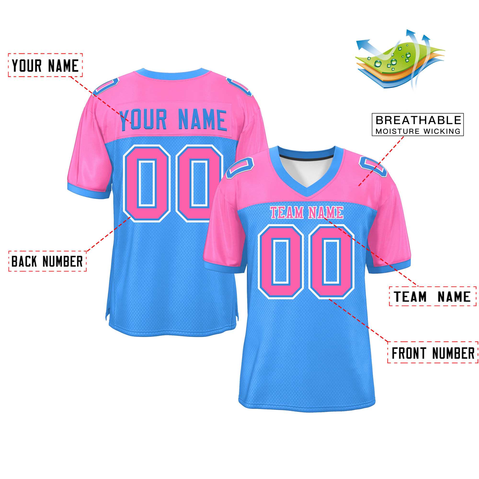 Custom Powder Blue-Pink Raglan Sleeves Fashion Authentic Football Jersey