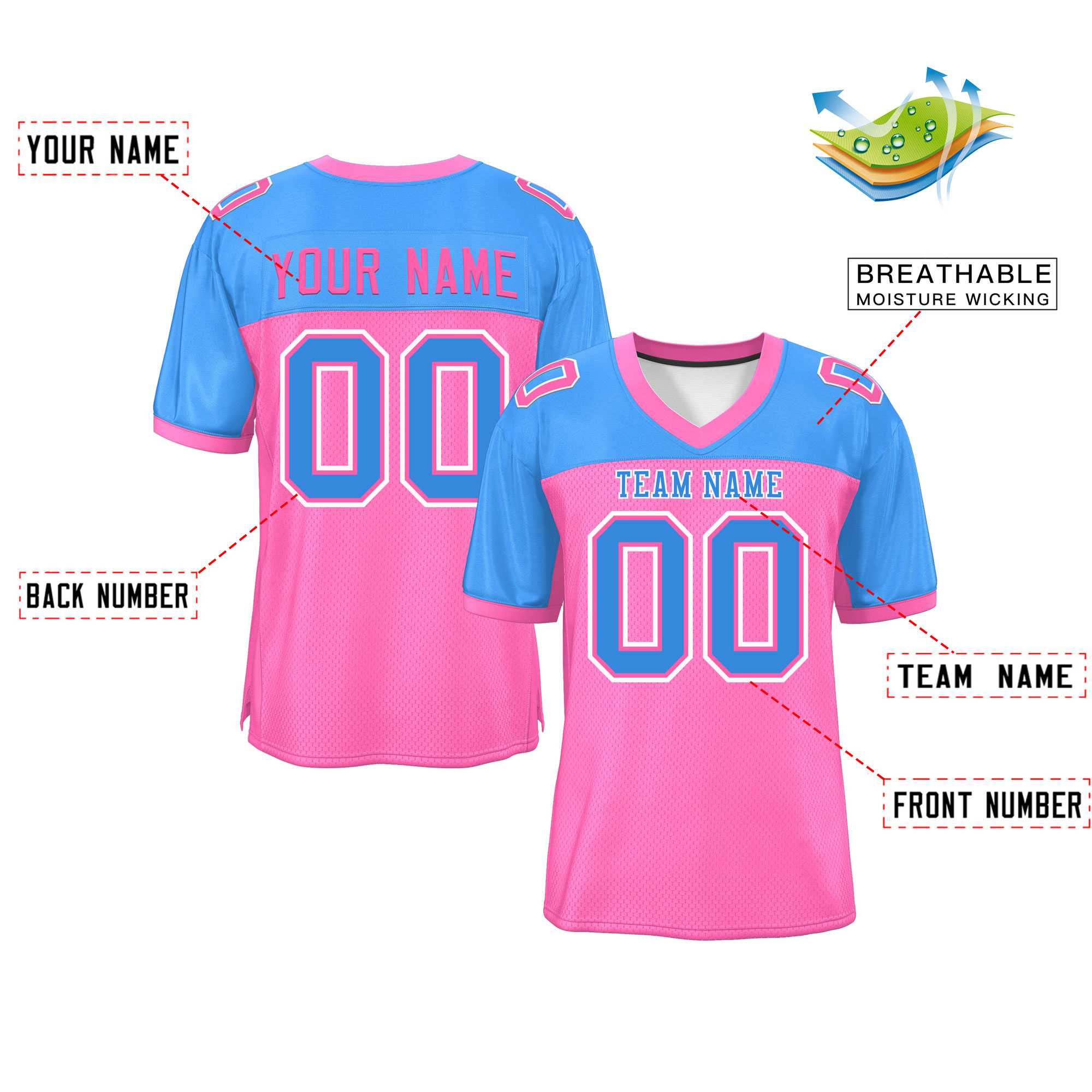 Custom Pink-Powder Blue Raglan Sleeves Fashion Authentic Football Jersey