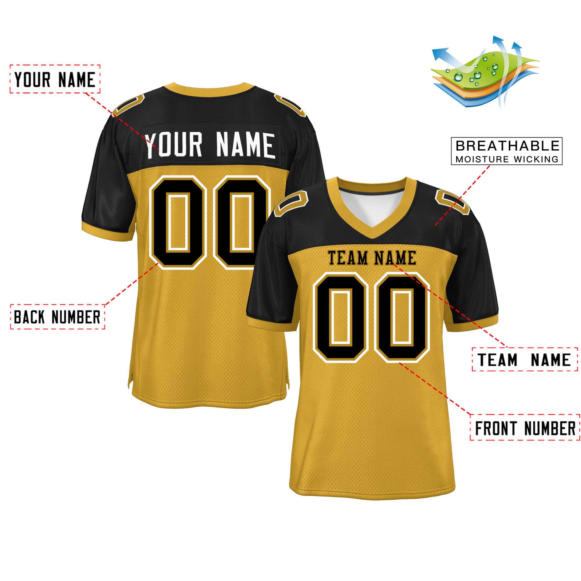 Custom Old Gold-Black Raglan Sleeves Fashion Authentic Football Jersey