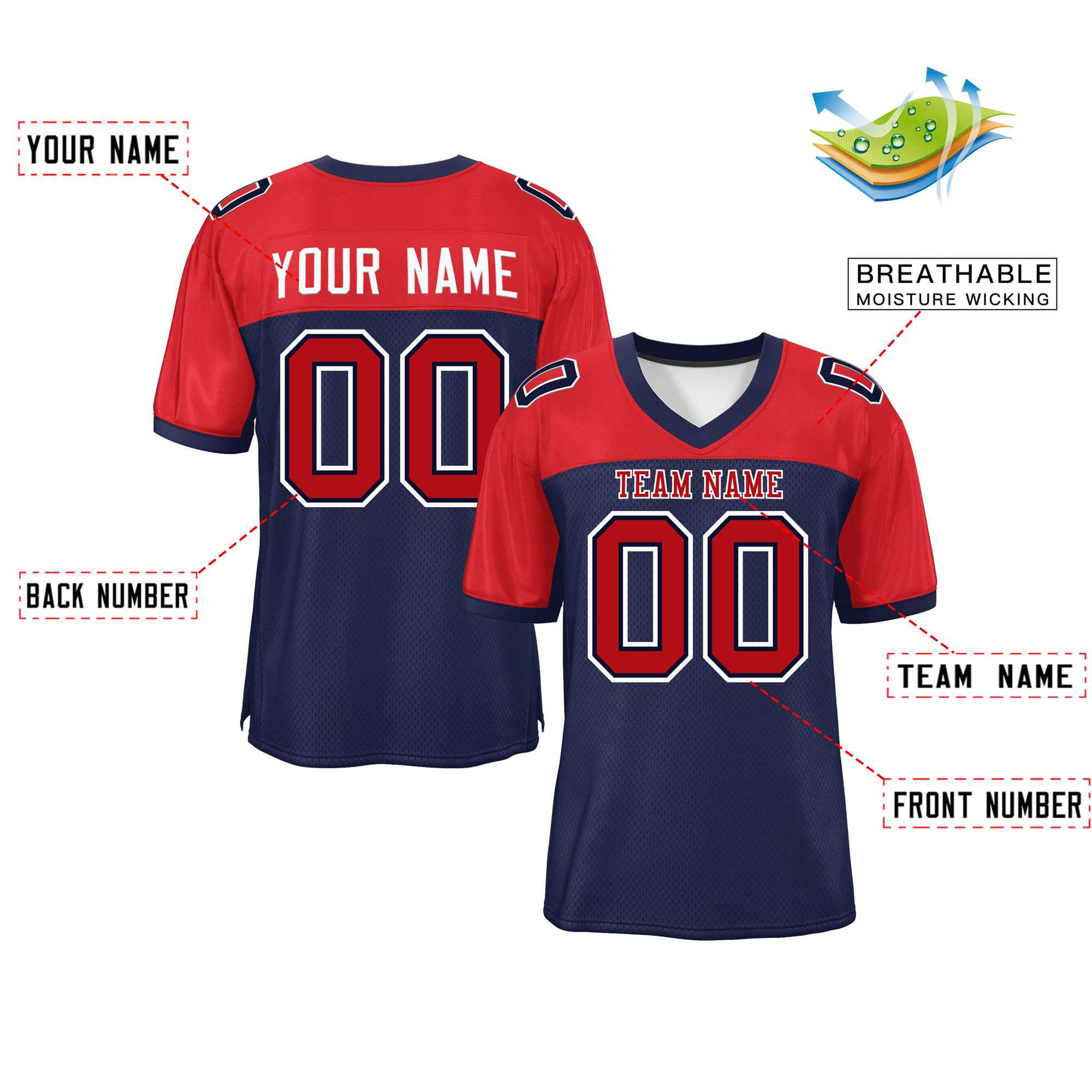 Custom Navy-Red Raglan Sleeves Fashion Authentic Football Jersey