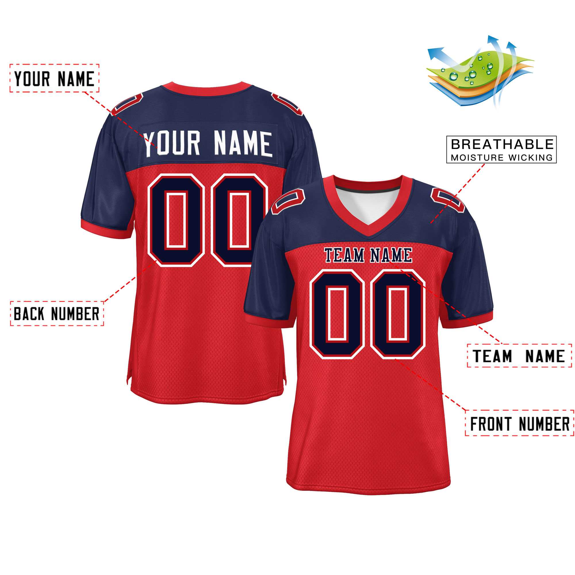 Custom Red-Navy Raglan Sleeves Fashion Authentic Football Jersey