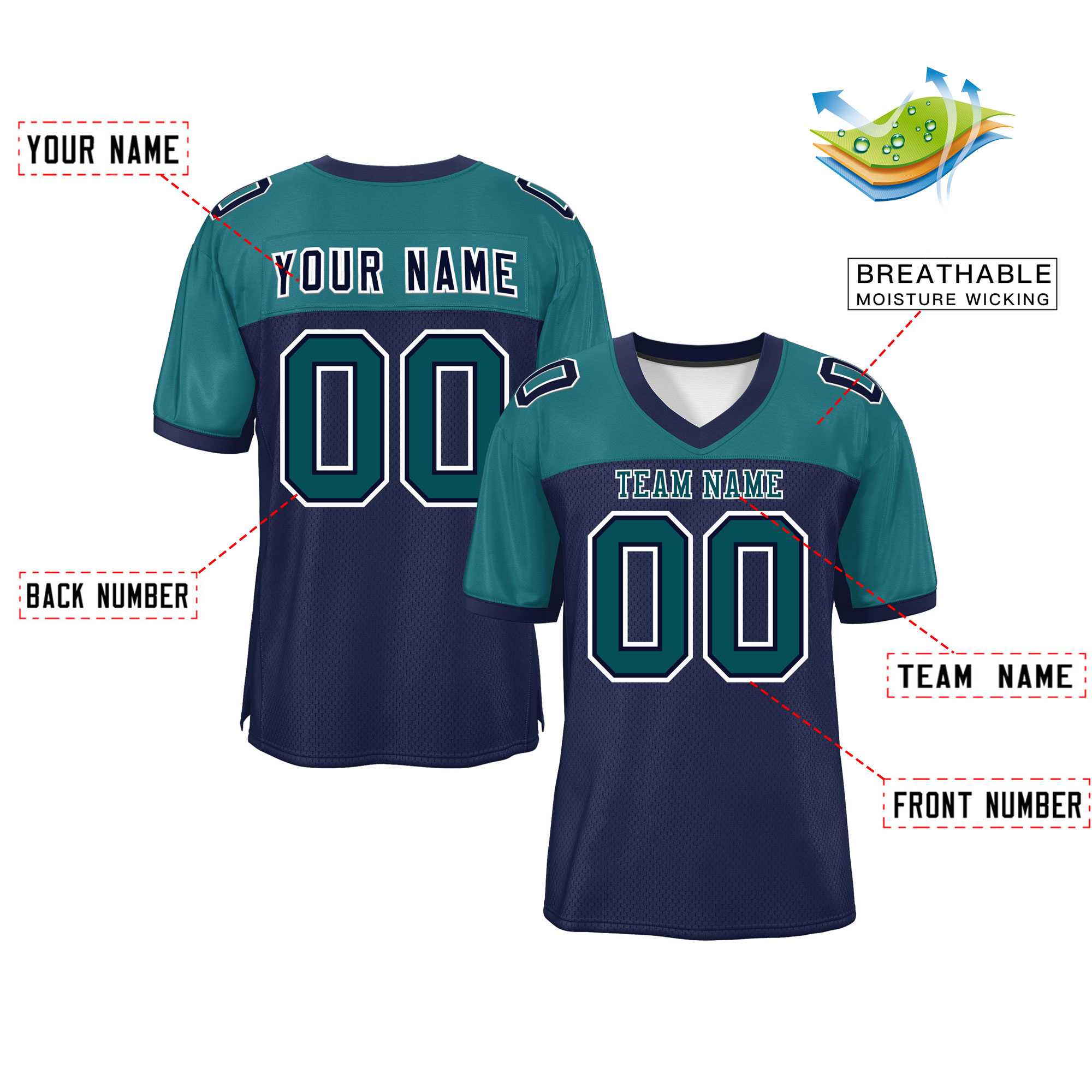 Custom Navy-Aqua Raglan Sleeves Fashion Authentic Football Jersey